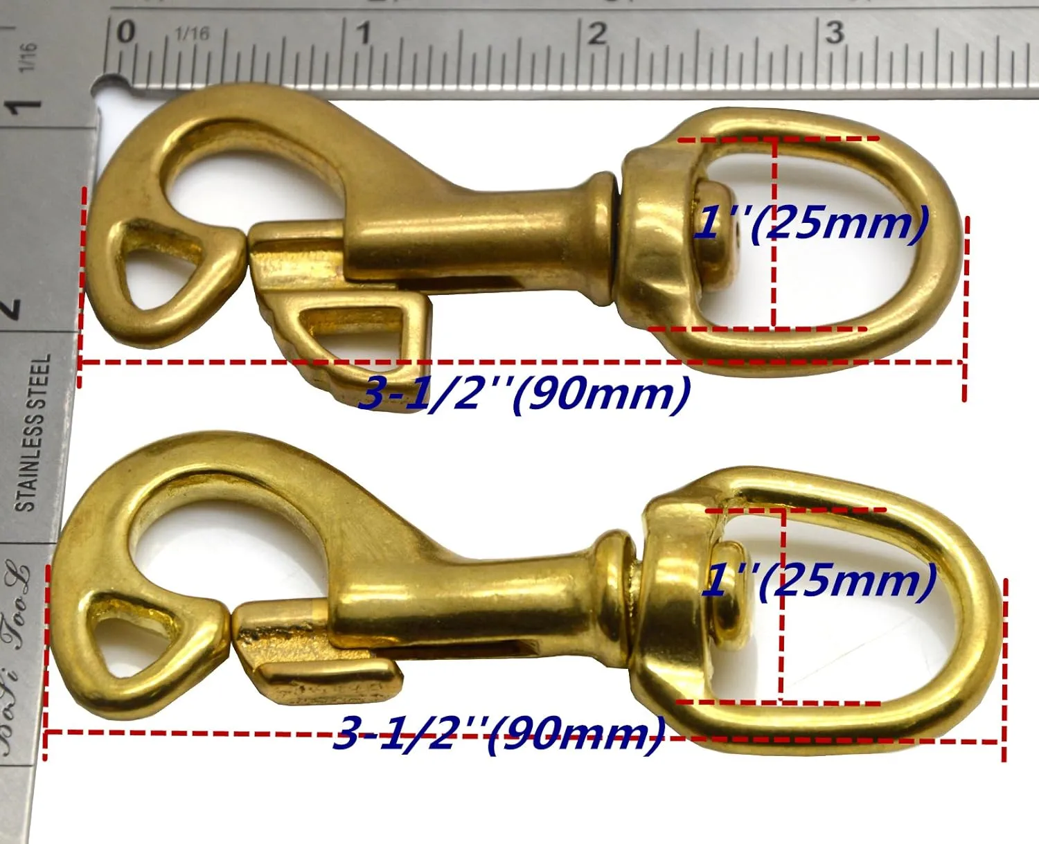 Okones Pack of 4Pcs,1'' Inner Width,3-1/2'' Overall Length,Heavy Duty Solid Brass Swivel Eye Lobster Clasp Bolt Snap Hook for Straps Bags Belting Outdoors Tents Pet (1''Inner×3-1/2'' OAL, BRA0063)