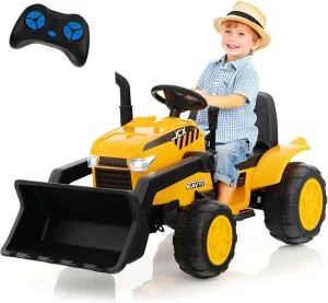 OLAKIDS Kids Ride on Car, 12V Electric Excavator Vehicle Construction Truck with Remote Control, Adjustable Bucket, Toddlers Battery Powered Bulldozer Tractor with 2 Speeds, Music, Citrine