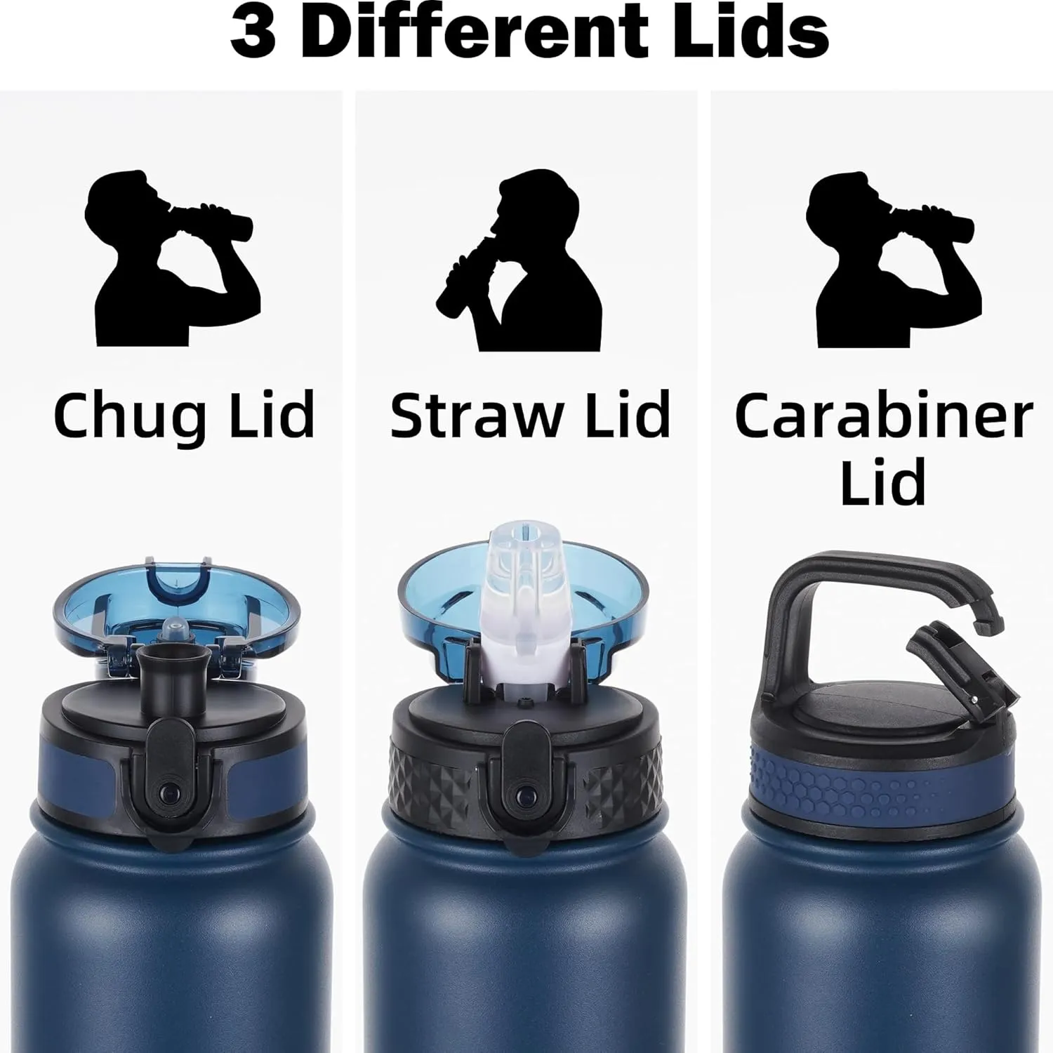 Oldley Insulated Water Bottle 20oz Water Bottles with Straw, Stainless Steel Water Bottle with 3 Lids, Double Wall Vacuum Bottles for Adult Kids, Sports Bottles for School Travel,Blue-black