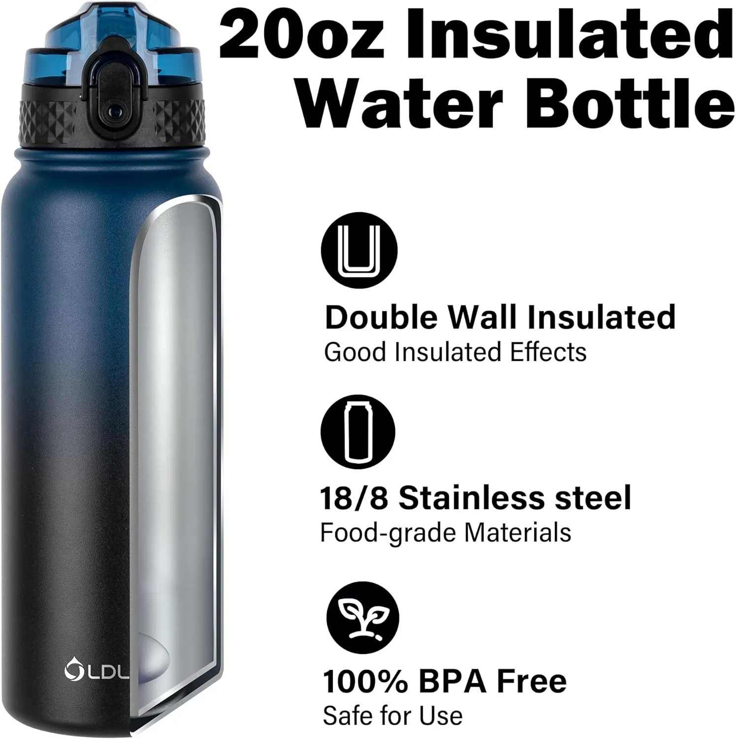Oldley Insulated Water Bottle 20oz Water Bottles with Straw, Stainless Steel Water Bottle with 3 Lids, Double Wall Vacuum Bottles for Adult Kids, Sports Bottles for School Travel,Blue-black
