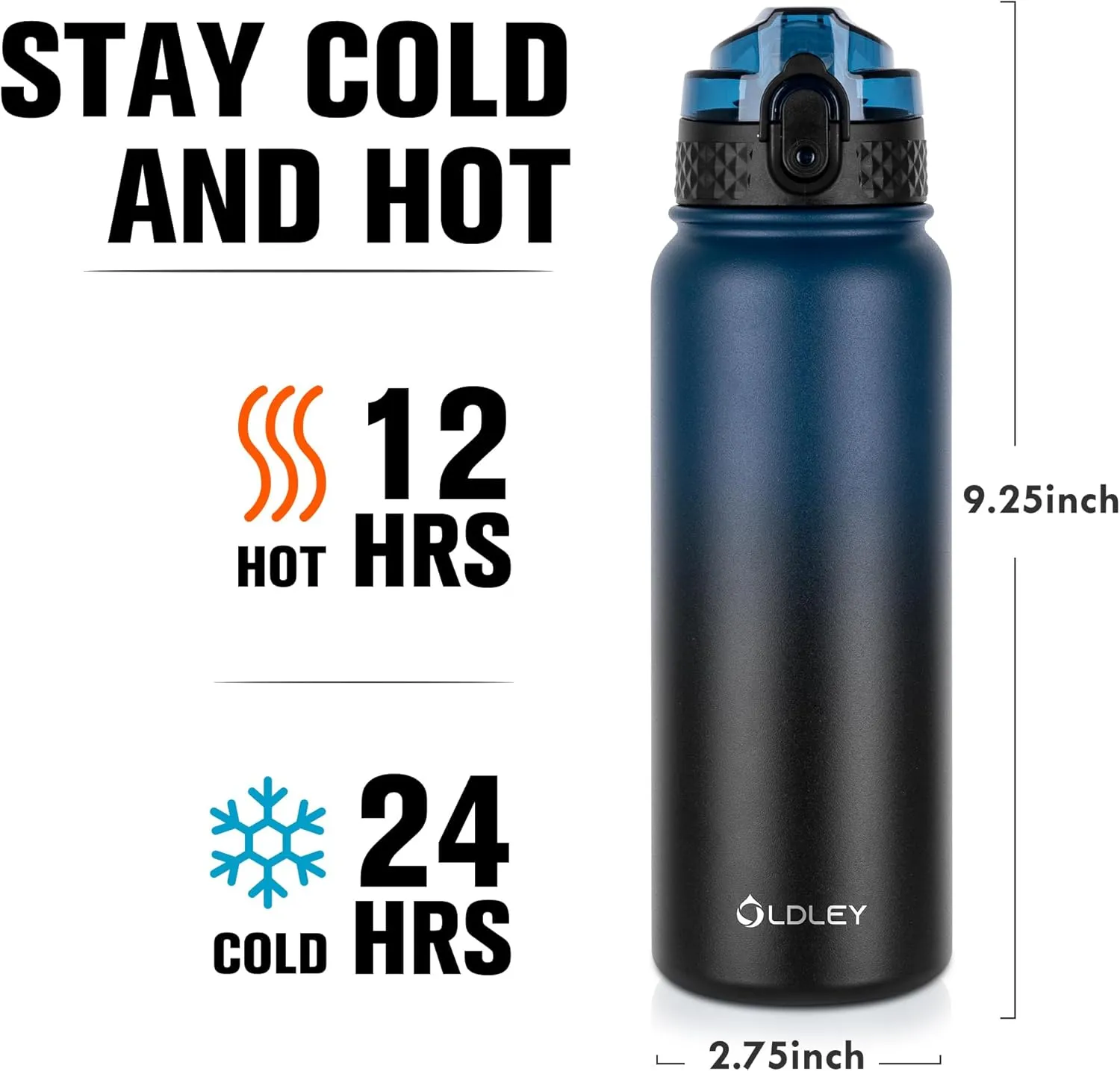 Oldley Insulated Water Bottle 20oz Water Bottles with Straw, Stainless Steel Water Bottle with 3 Lids, Double Wall Vacuum Bottles for Adult Kids, Sports Bottles for School Travel,Blue-black