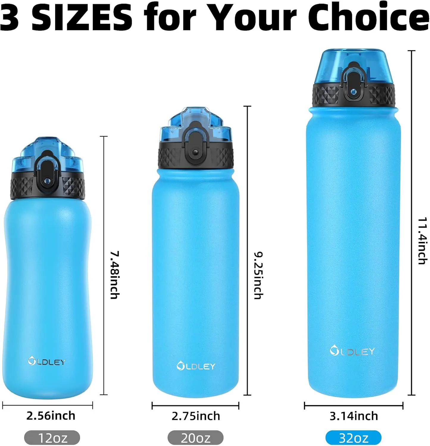 OLDLEY Insulated Water Bottle 20oz Water Bottles with Straw, Stainless Steel Water Bottle with 3 Lids, Double Wall Vacuum Bottles for Adult Kids, Sports Bottles for School Travel,Blue