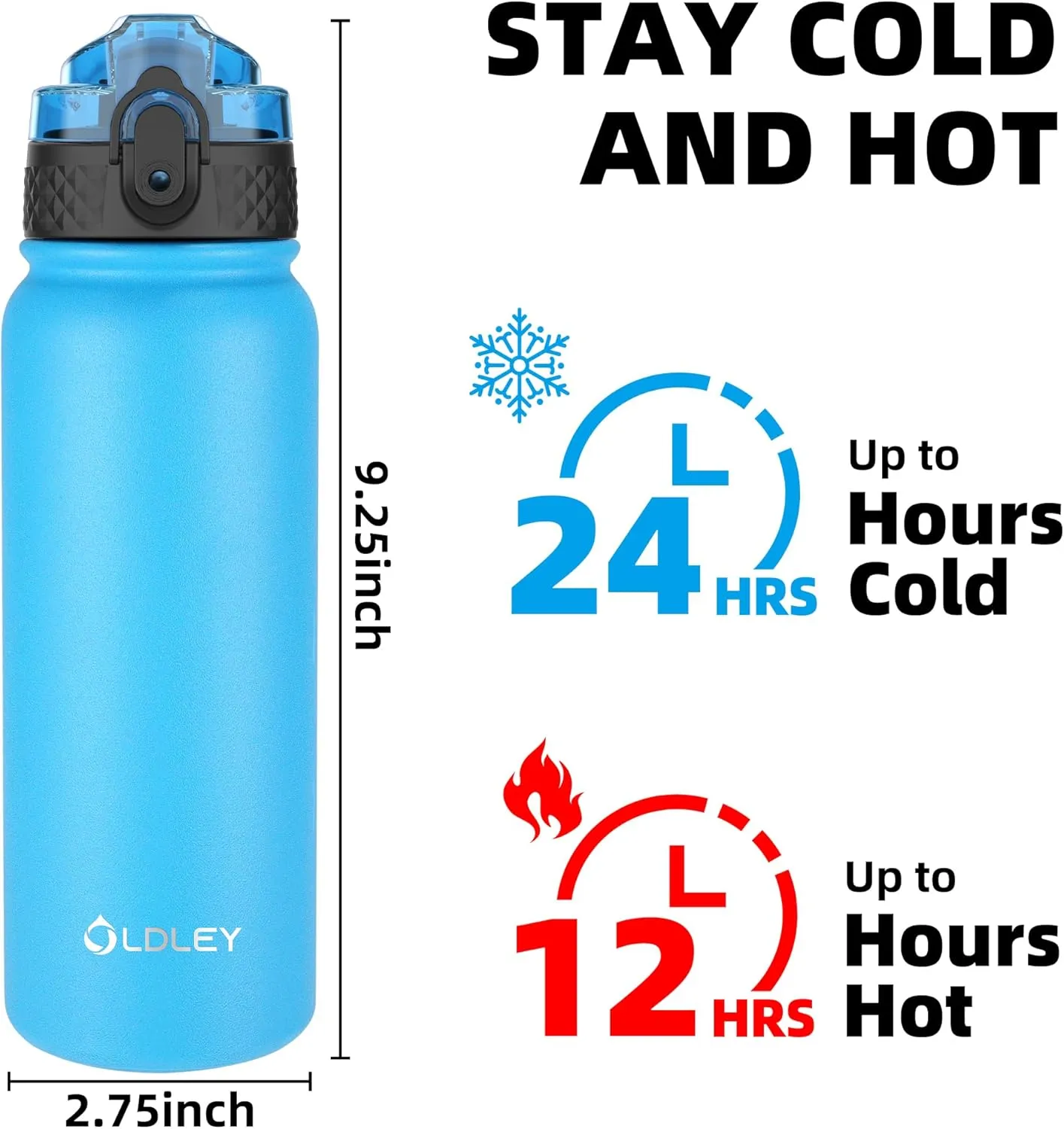 OLDLEY Insulated Water Bottle 20oz Water Bottles with Straw, Stainless Steel Water Bottle with 3 Lids, Double Wall Vacuum Bottles for Adult Kids, Sports Bottles for School Travel,Blue