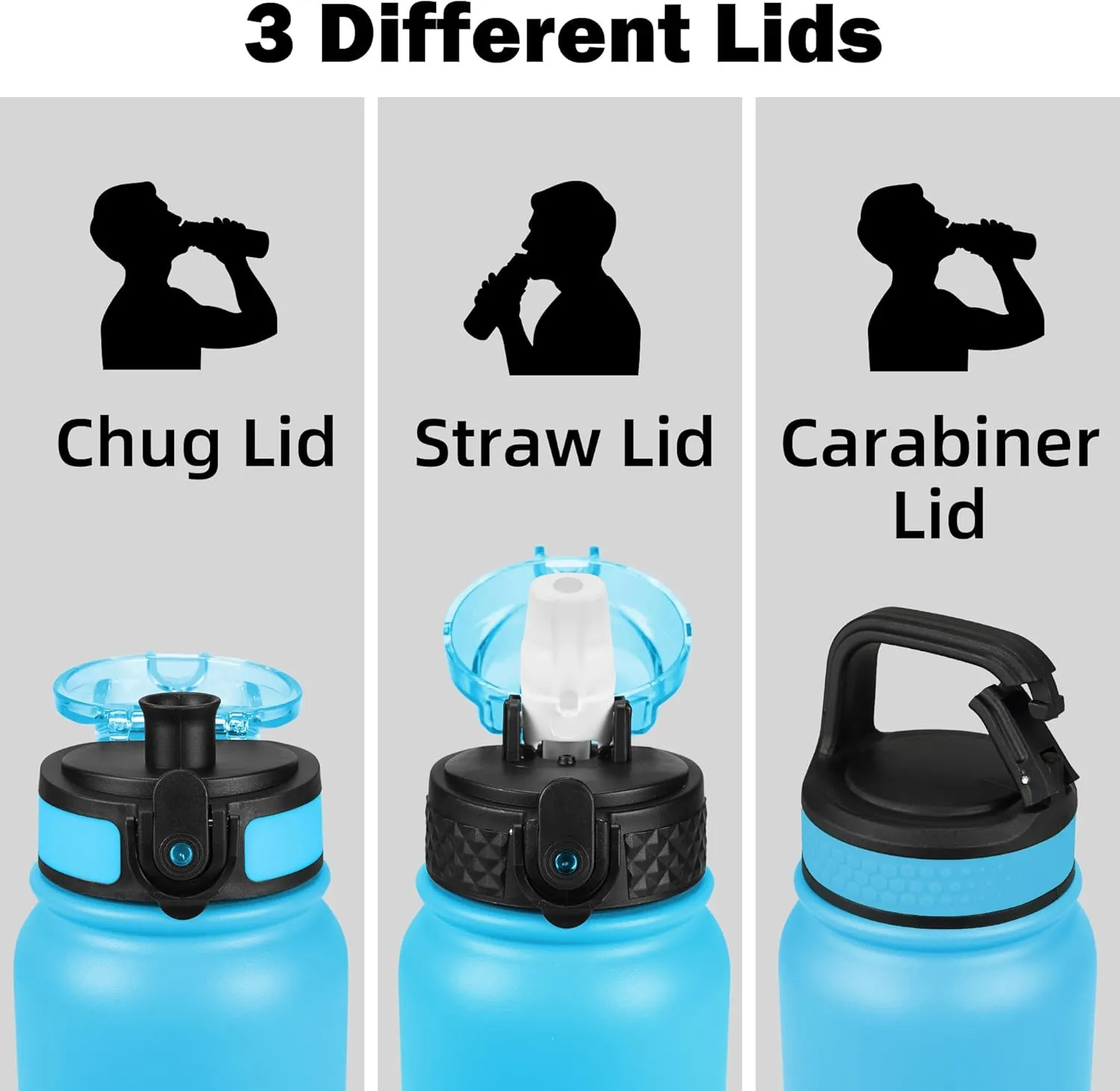 OLDLEY Insulated Water Bottle 20oz Water Bottles with Straw, Stainless Steel Water Bottle with 3 Lids, Double Wall Vacuum Bottles for Adult Kids, Sports Bottles for School Travel,Blue