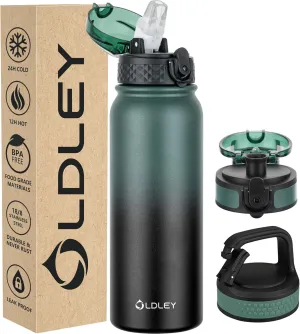 Oldley Insulated Water Bottle 20oz With Straw, Stainless Steel With 3 Lids, Double Wall Vacuum for Adult Kids, Sports for School Travel, Green-Black