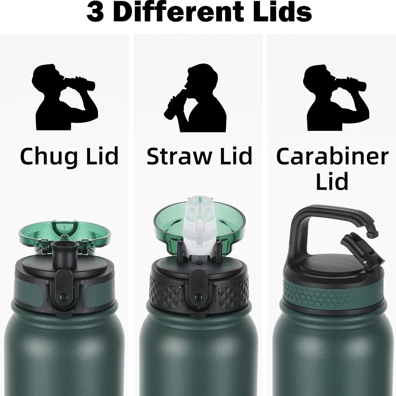 Oldley Insulated Water Bottle 20oz With Straw, Stainless Steel With 3 Lids, Double Wall Vacuum for Adult Kids, Sports for School Travel, Green-Black