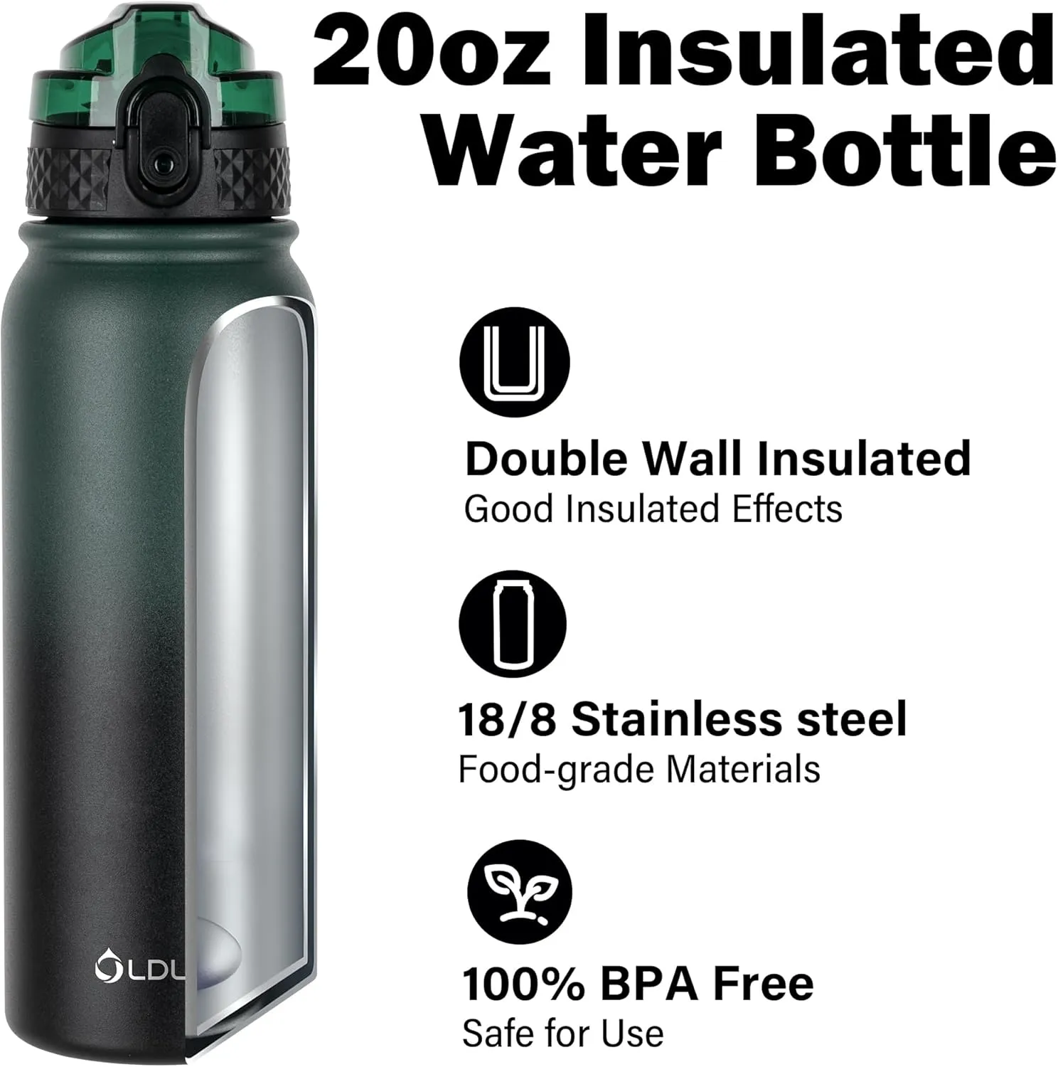 Oldley Insulated Water Bottle 20oz With Straw, Stainless Steel With 3 Lids, Double Wall Vacuum for Adult Kids, Sports for School Travel, Green-Black