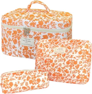 Orange Large Quilted Floral Makeup Bag Set of 3 Cute Coquette Aesthetic Cosmetic Bag Set Travel Toiletry Bag for Women