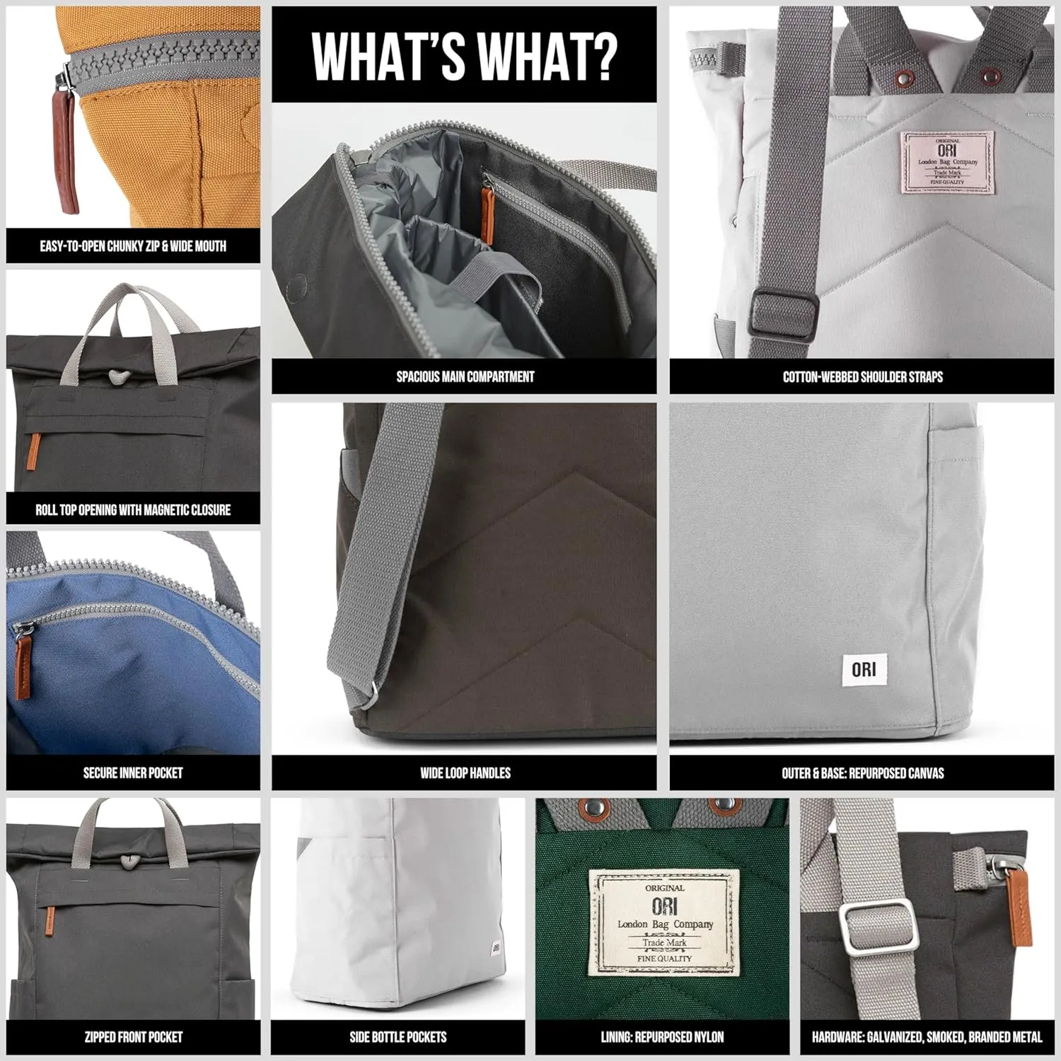 ORI LONDON Rolltop Backpack - Large Travel Backpack with Lots of Pockets for Men & Women - The Finchley, Ash