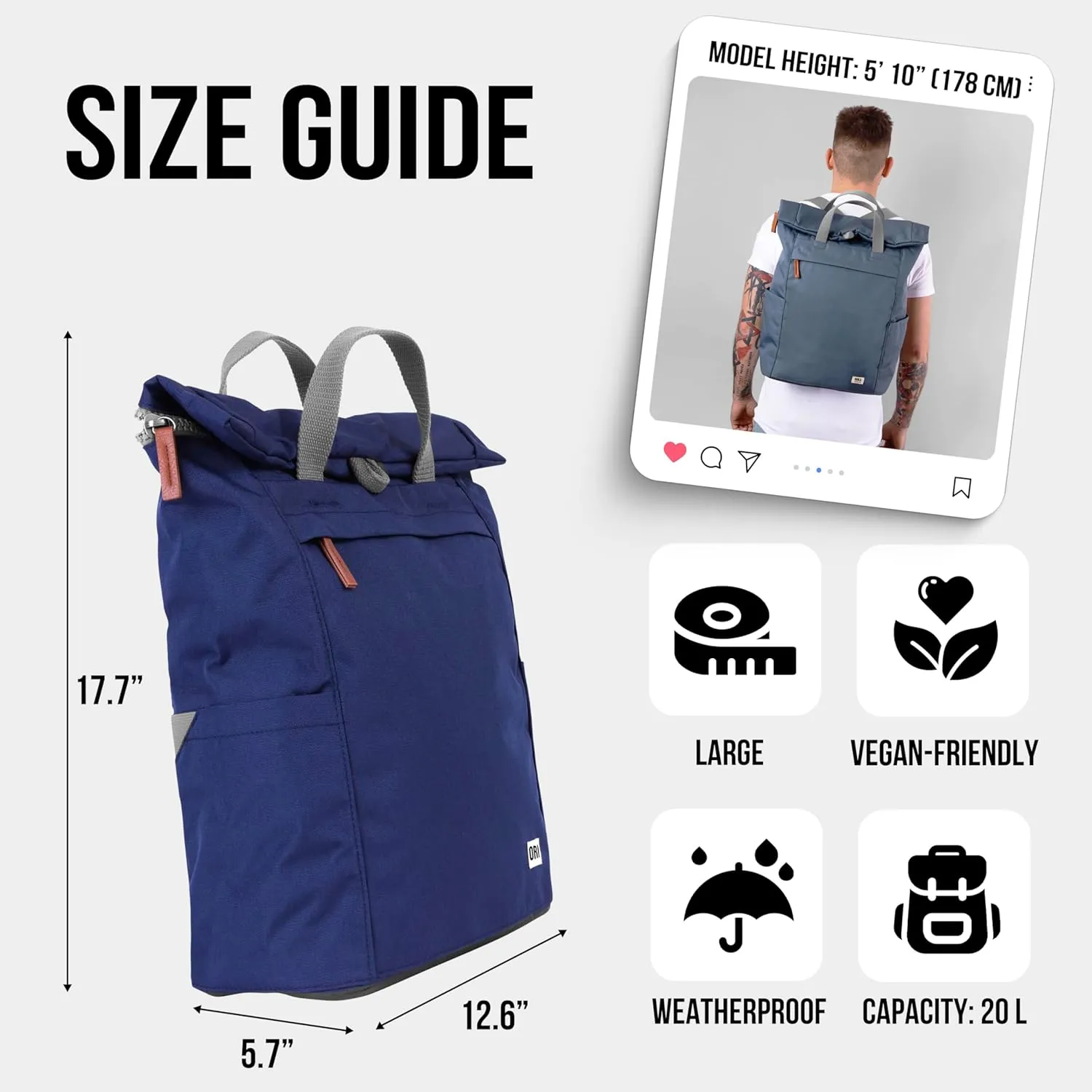 ORI LONDON Rolltop Backpack - Large Travel Backpack with Lots of Pockets for Men & Women - The Finchley, Ash