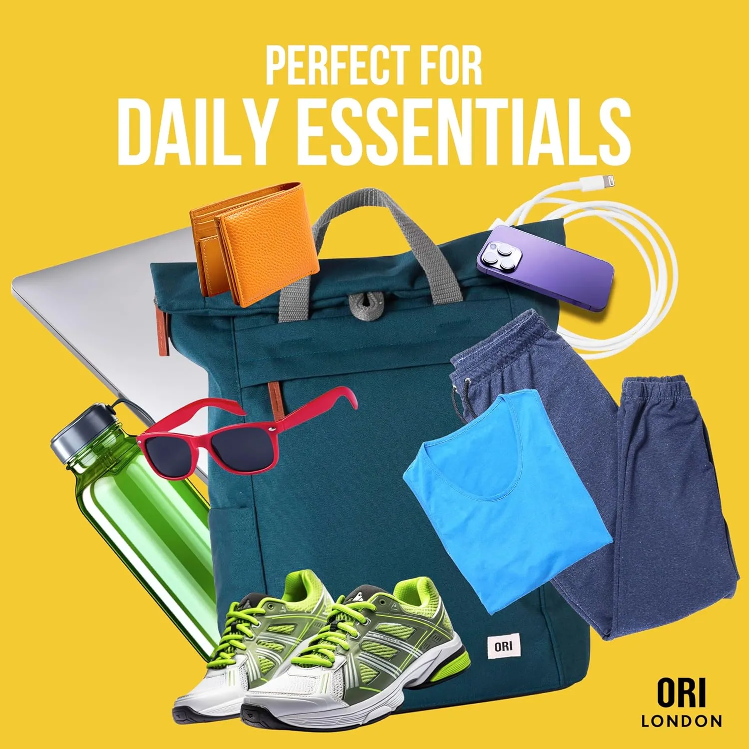 ORI LONDON Rolltop Backpack - Large Travel Backpack with Lots of Pockets for Men & Women - The Finchley, Ash