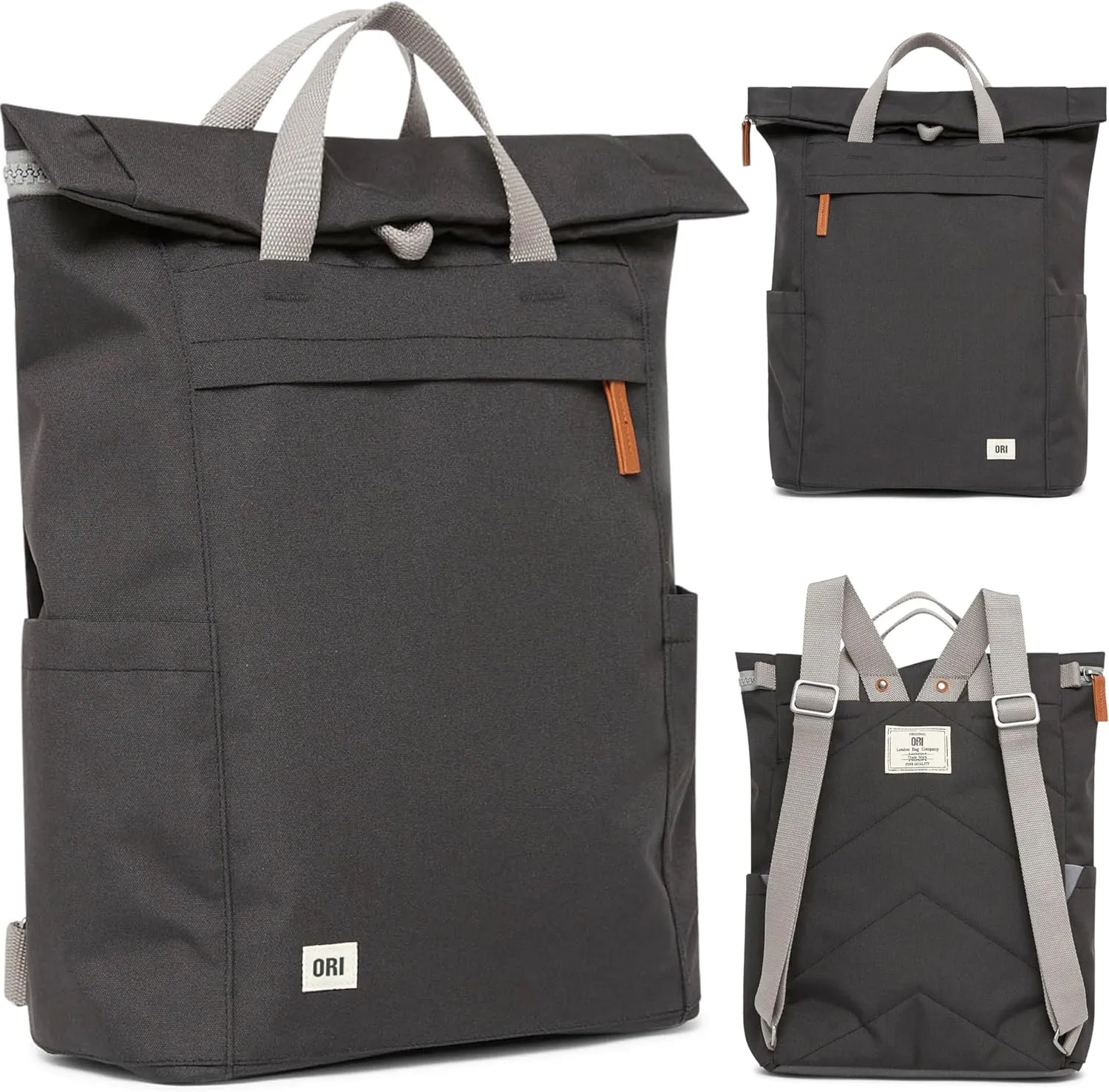 ORI LONDON Rolltop Backpack - Large Travel Backpack with Lots of Pockets for Men & Women - The Finchley, Ash