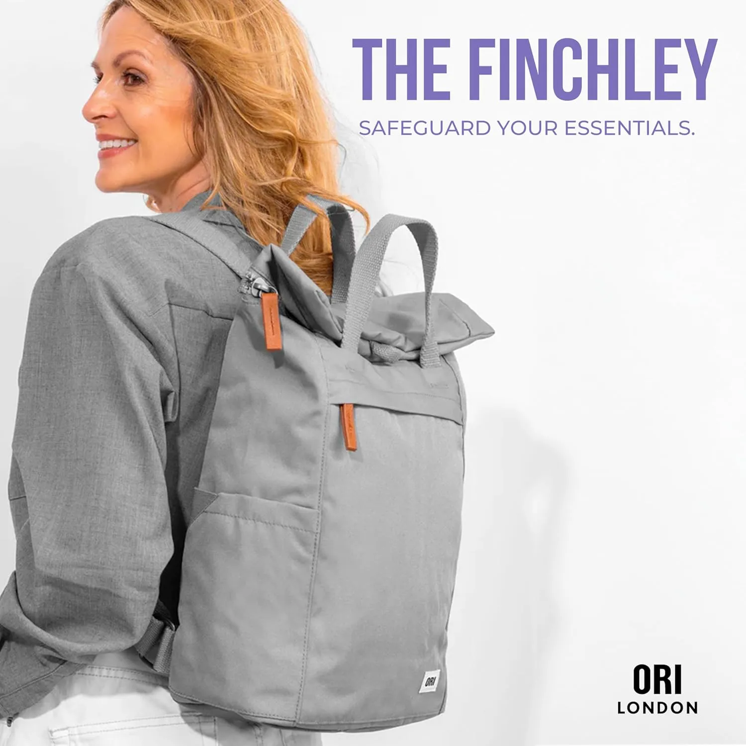 ORI LONDON Rolltop Backpack - Large Travel Backpack with Lots of Pockets for Men & Women - The Finchley, Ash