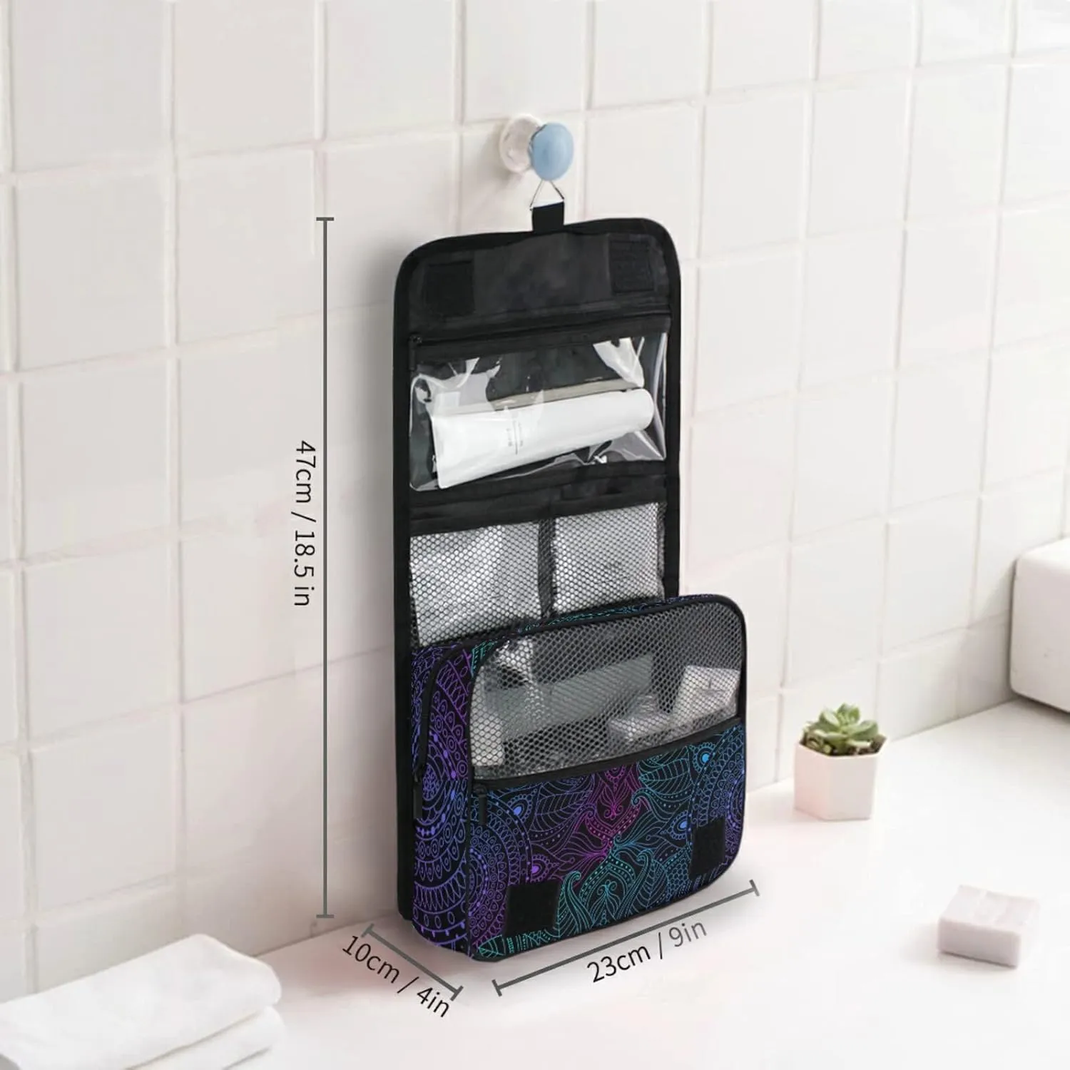 Oriental Gradient Mandala Floral Bohemian, Indian, Arabic Motifs Travel Cosmetic Bag, Hanging Toiletry Wash bag, Portable Makeup Organizer Brush Case, Storage Bag with Hook for Bathroom Toilet
