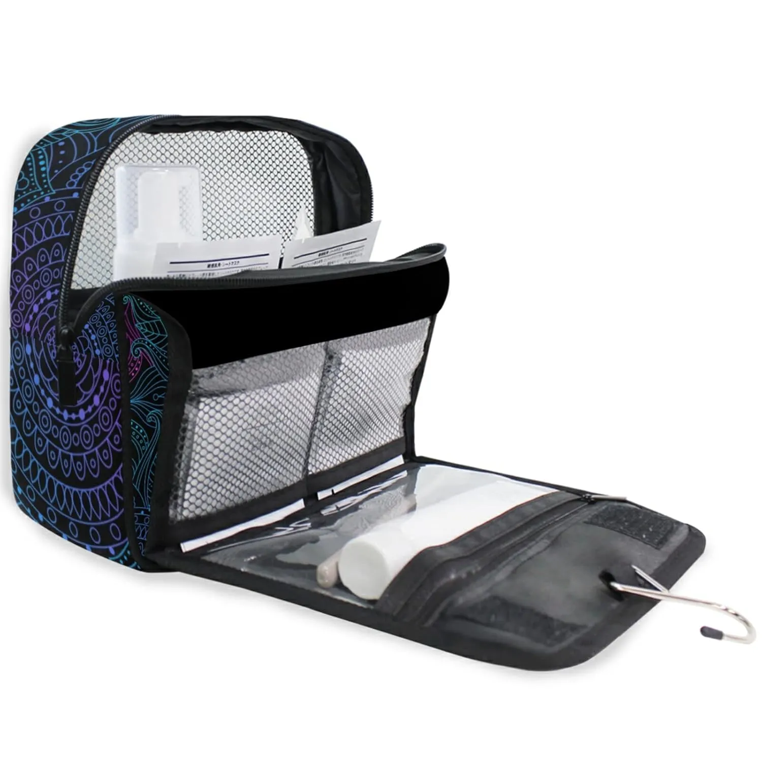 Oriental Gradient Mandala Floral Bohemian, Indian, Arabic Motifs Travel Cosmetic Bag, Hanging Toiletry Wash bag, Portable Makeup Organizer Brush Case, Storage Bag with Hook for Bathroom Toilet