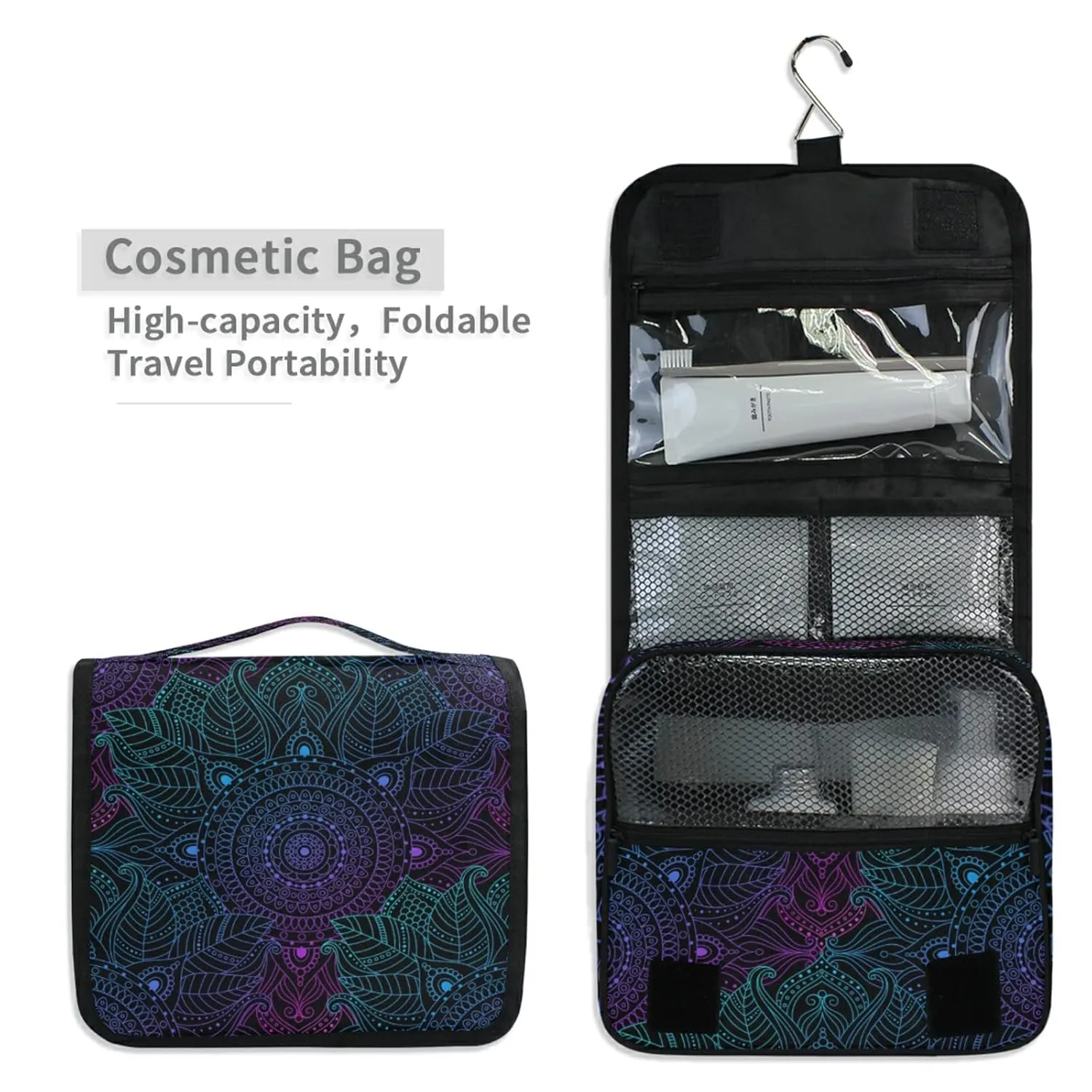 Oriental Gradient Mandala Floral Bohemian, Indian, Arabic Motifs Travel Cosmetic Bag, Hanging Toiletry Wash bag, Portable Makeup Organizer Brush Case, Storage Bag with Hook for Bathroom Toilet