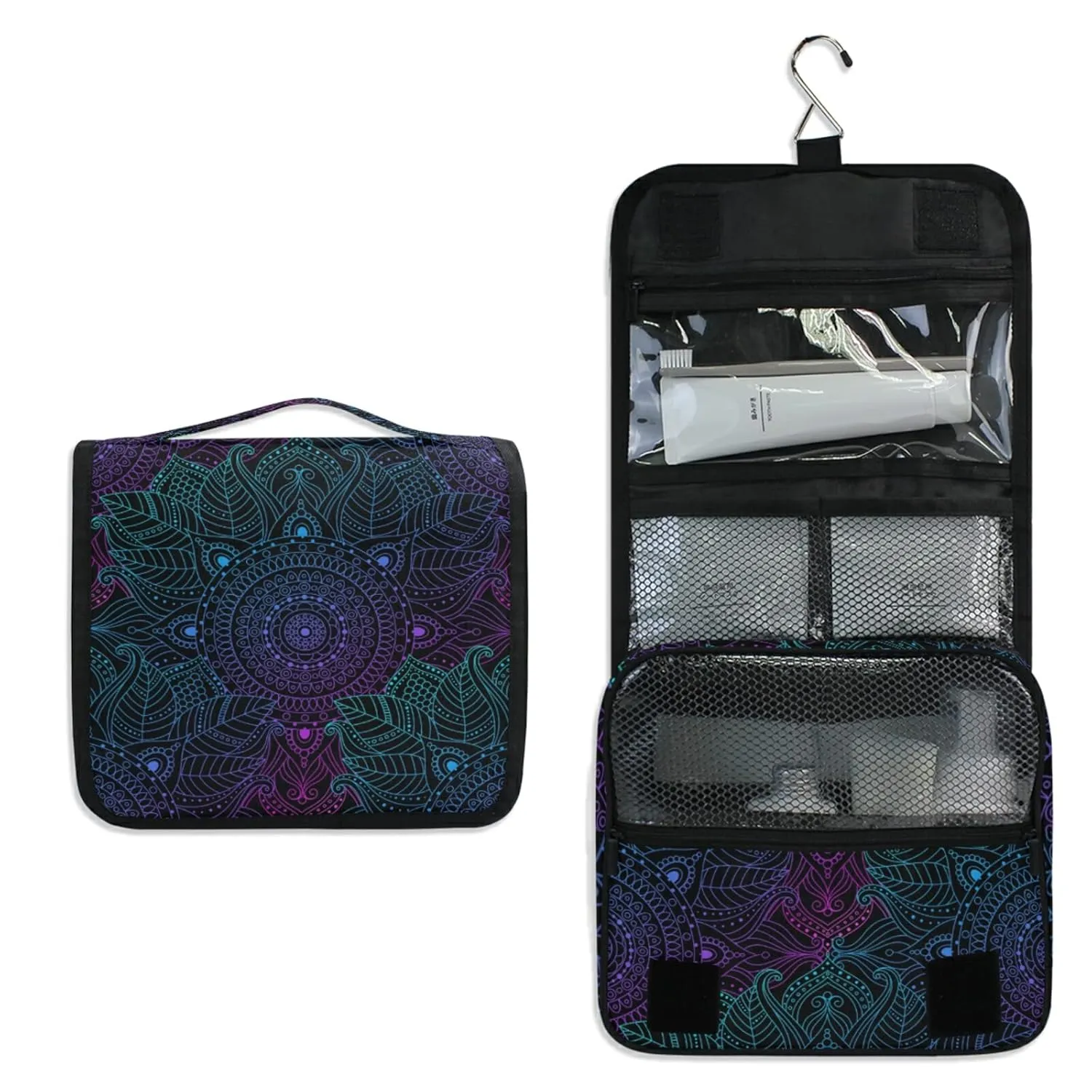 Oriental Gradient Mandala Floral Bohemian, Indian, Arabic Motifs Travel Cosmetic Bag, Hanging Toiletry Wash bag, Portable Makeup Organizer Brush Case, Storage Bag with Hook for Bathroom Toilet