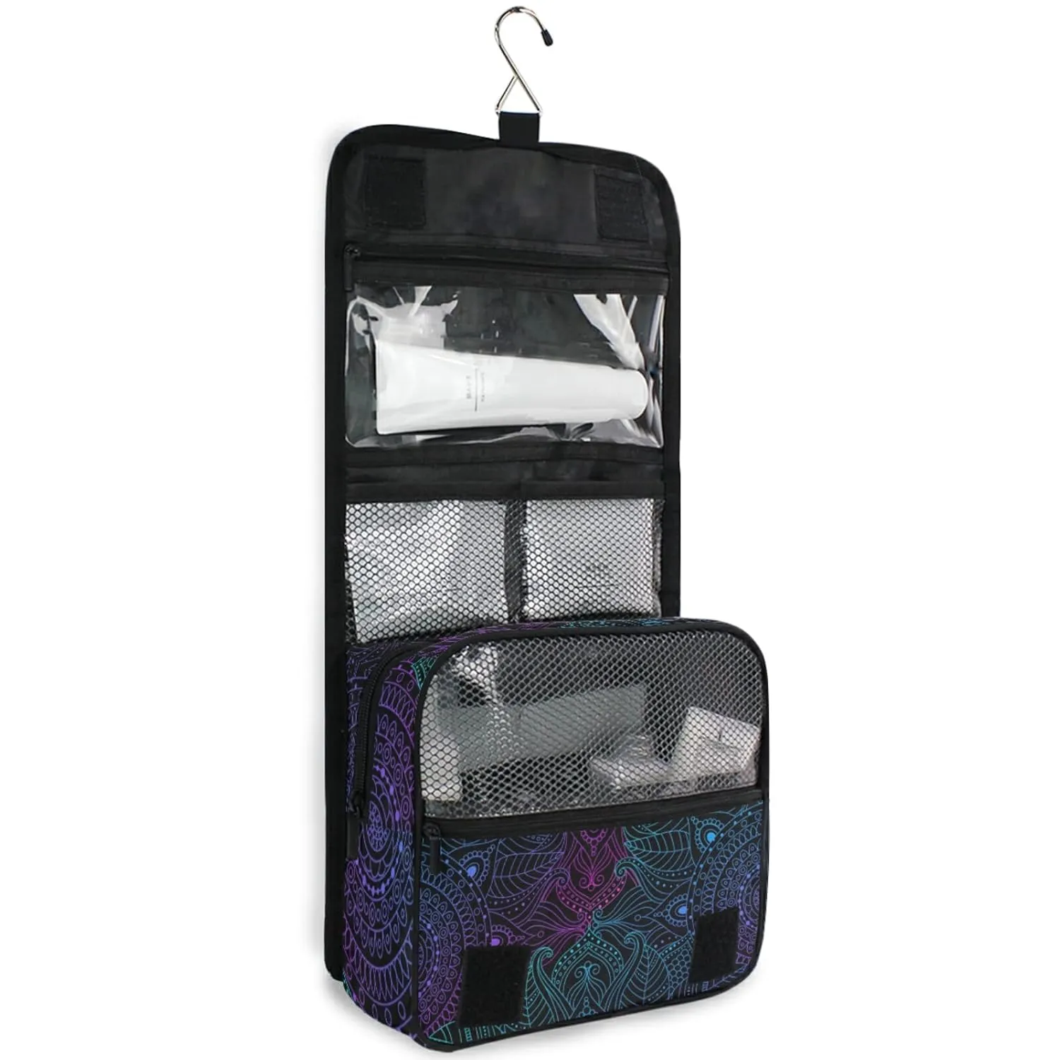 Oriental Gradient Mandala Floral Bohemian, Indian, Arabic Motifs Travel Cosmetic Bag, Hanging Toiletry Wash bag, Portable Makeup Organizer Brush Case, Storage Bag with Hook for Bathroom Toilet