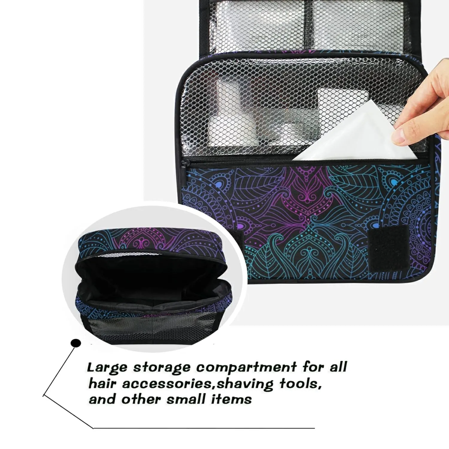 Oriental Gradient Mandala Floral Bohemian, Indian, Arabic Motifs Travel Cosmetic Bag, Hanging Toiletry Wash bag, Portable Makeup Organizer Brush Case, Storage Bag with Hook for Bathroom Toilet