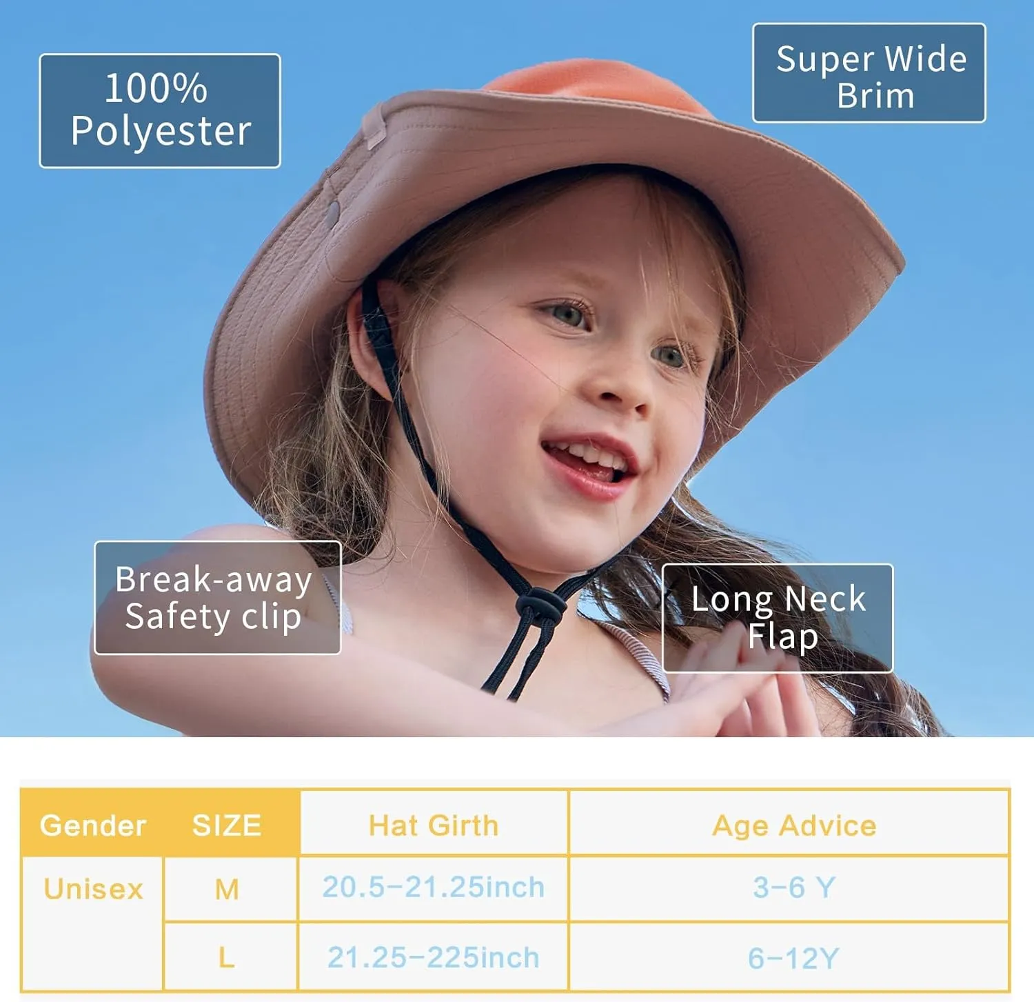 Outdoor Kids Sun Hat Boys Sun Hat Girls Beach Hat UPF 50  Kids Bucket Hat Wide Brim Kids Fishing Safari Hat