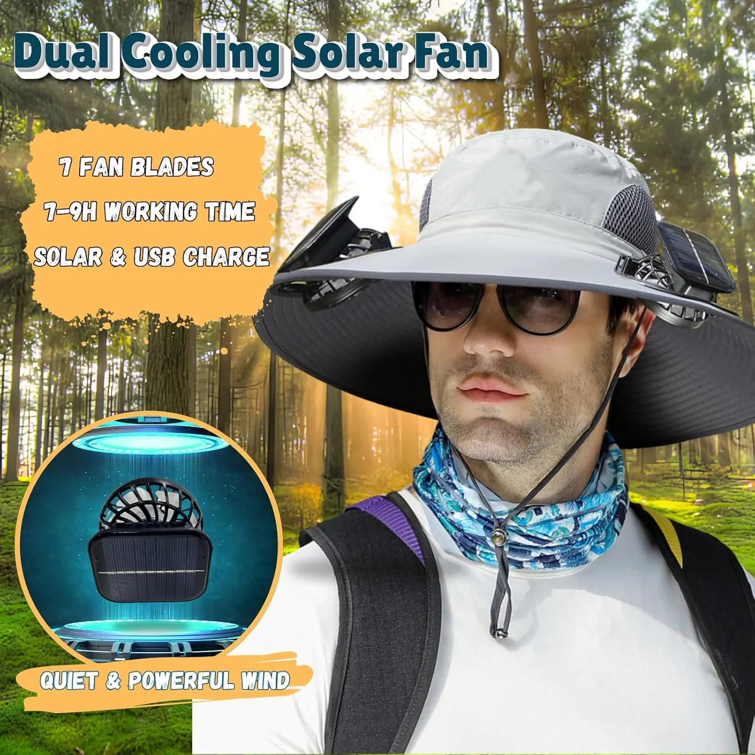 Outdoor Sun Hat with 2 Solar Fan Wide Brim Sun Bucket Hat for Men Women UPF 50  Bucket Fishing & Beach Hat