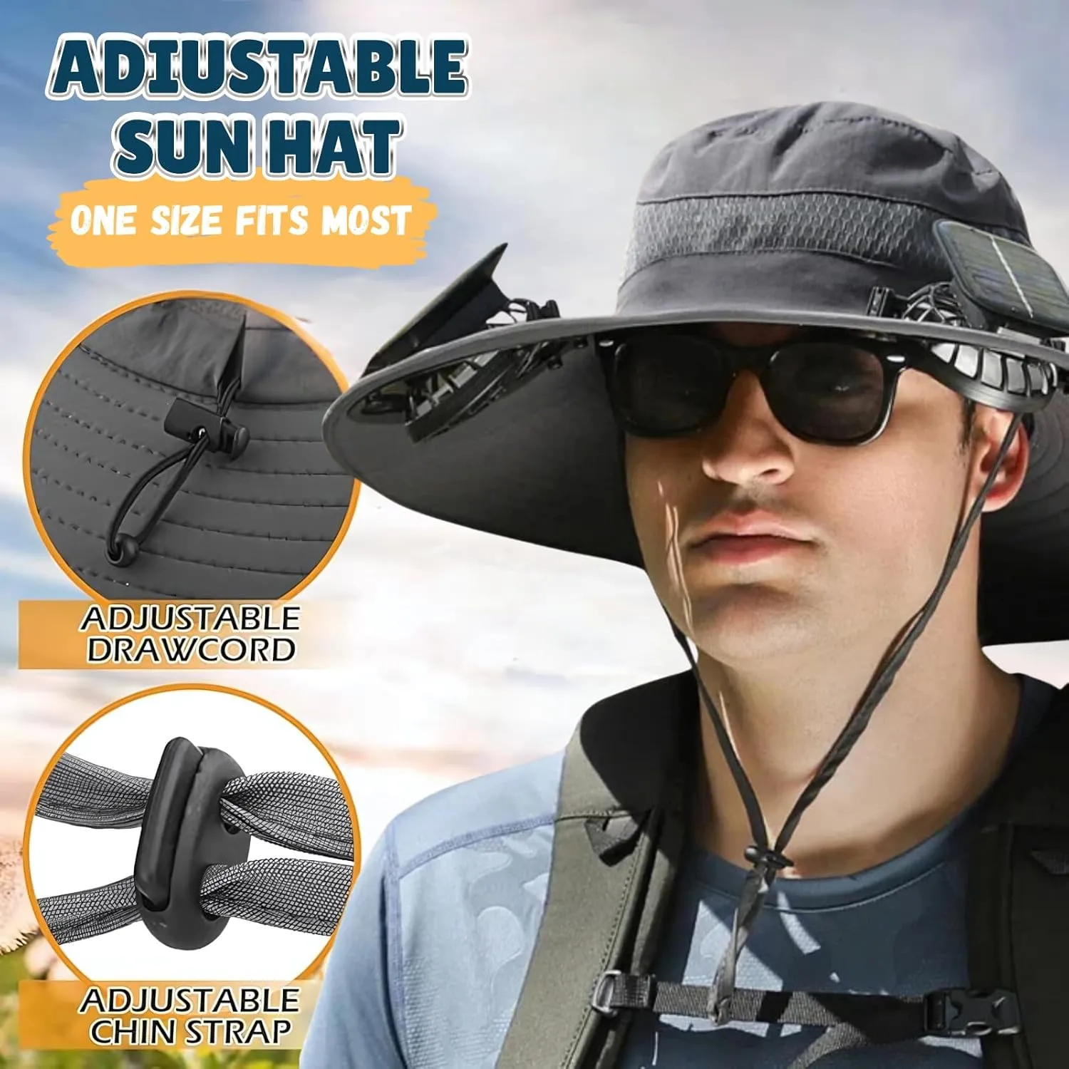 Outdoor Sun Hat with 2 Solar Fan Wide Brim Sun Bucket Hat for Men Women UPF 50  Bucket Fishing & Beach Hat