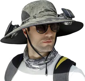 Outdoor Wide Brim Sun Hat with 2 Solar Fan Sun Bucket Hat for Men UPF 50  Bucket Fishing & Beach Hat with Fan Built in