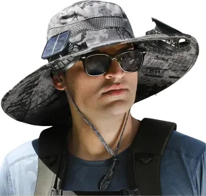 Outdoor Wide Brim Sun Hat with 2 Solar Fan Sun Bucket Hat for Men Women UPF 50  Bucket Fishing & Beach Hat with Fan Built in
