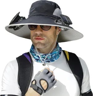Outdoor Wide Brim Sun Hat with 2 Solar Fan Sun Bucket Hat for Men Women UPF 50  Bucket Fishing Hat with Fan Built in