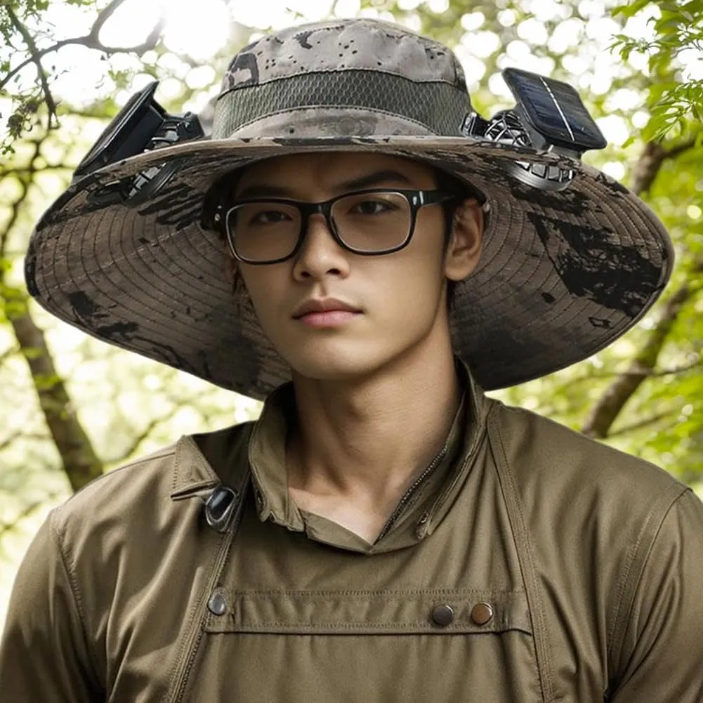 Outdoor Wide Brim Sun Hat with 2 Solar Fan Sun Bucket Hat for Men Women, UPF 50  Removable & USB Charging Fan