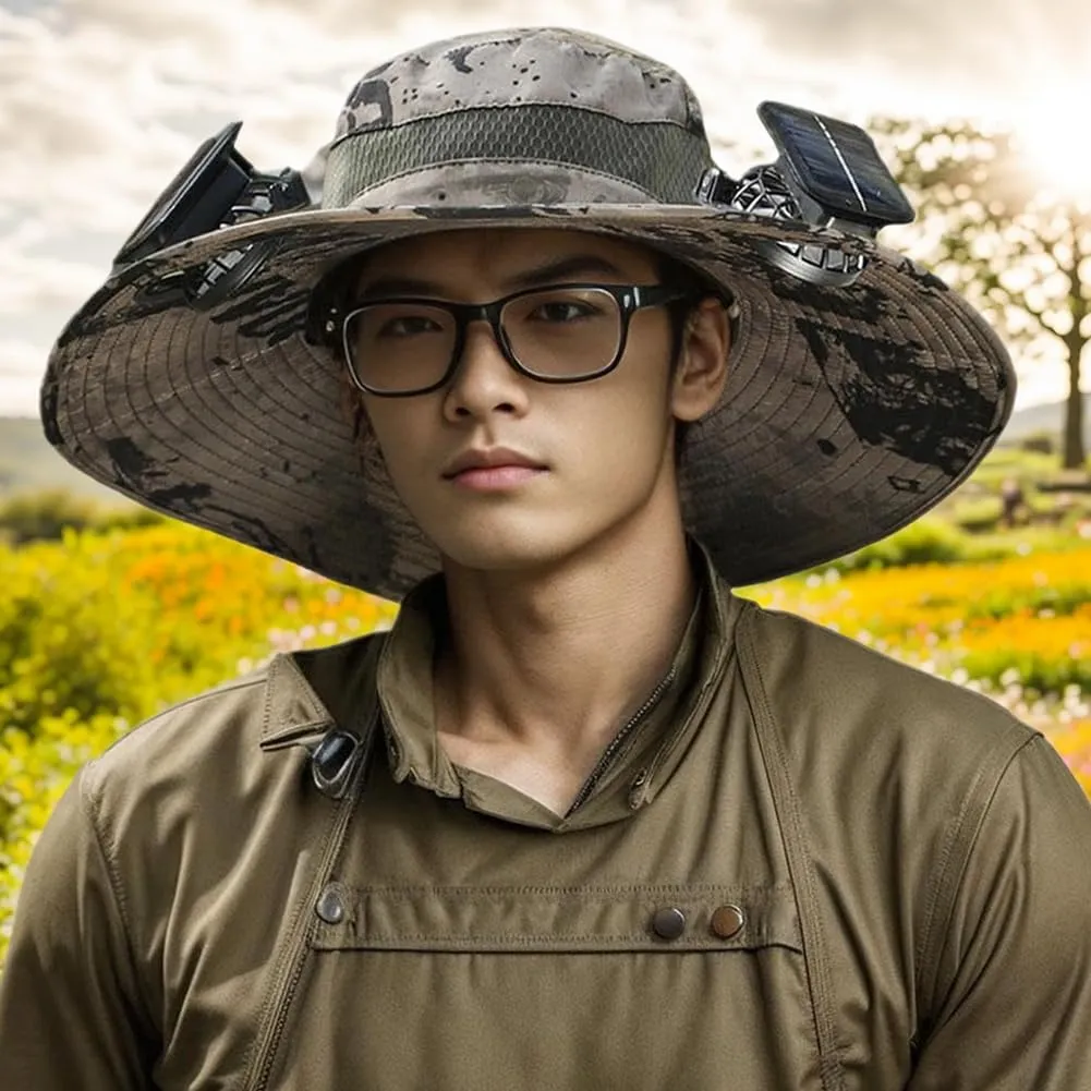 Outdoor Wide Brim Sun Hat with 2 Solar Fan Sun Bucket Hat for Men Women, UPF 50  Removable & USB Charging Fan