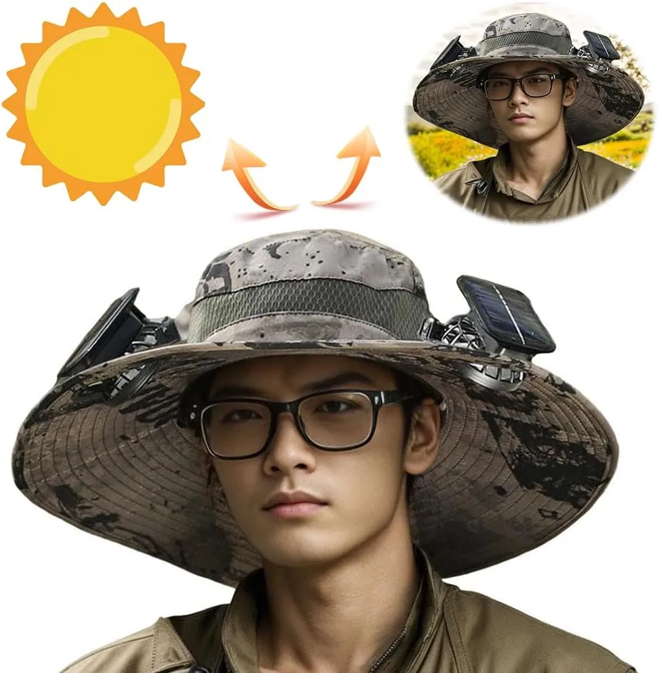Outdoor Wide Brim Sun Hat with 2 Solar Fan Sun Bucket Hat for Men Women, UPF 50  Removable & USB Charging Fan