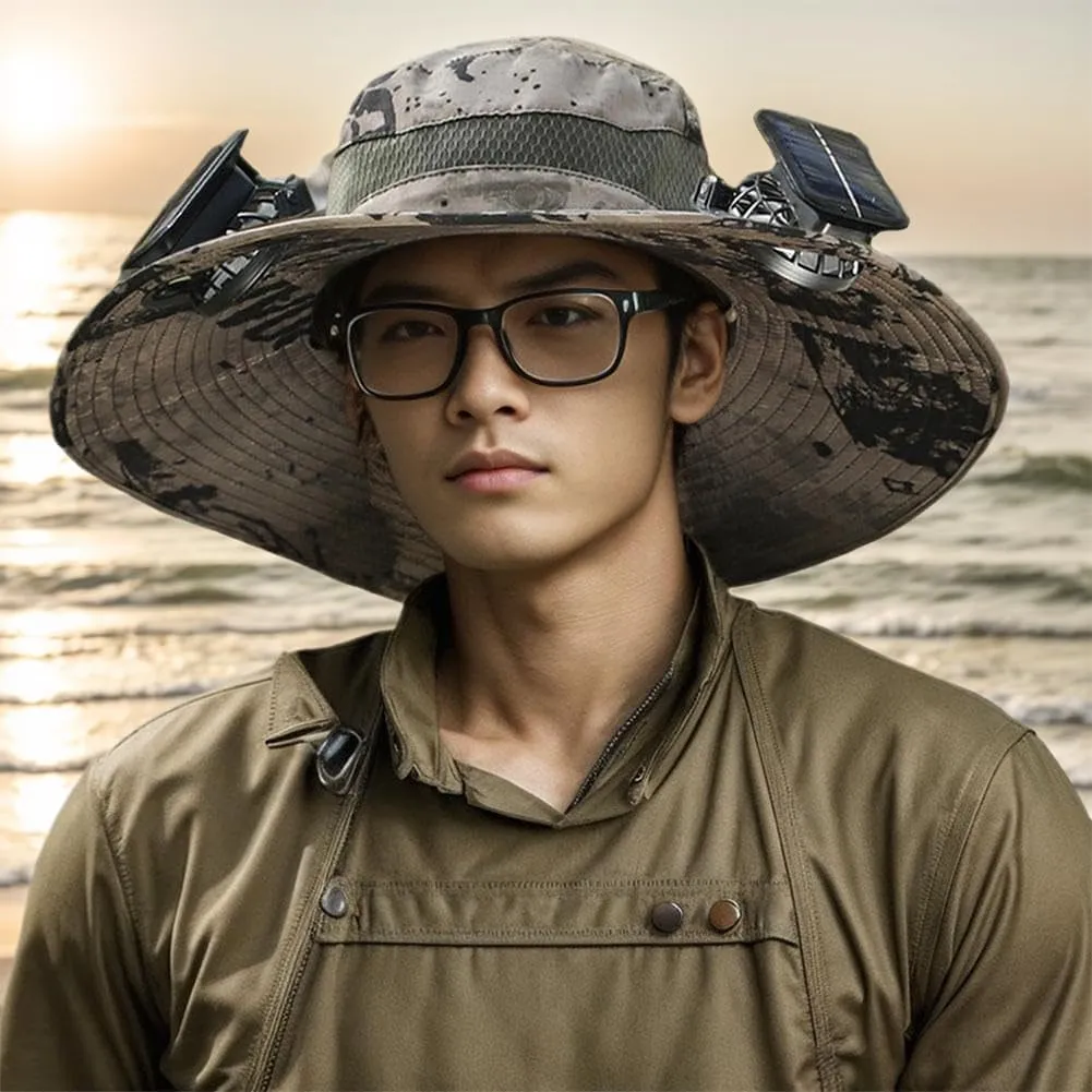 Outdoor Wide Brim Sun Hat with 2 Solar Fan Sun Bucket Hat for Men Women, UPF 50  Removable & USB Charging Fan