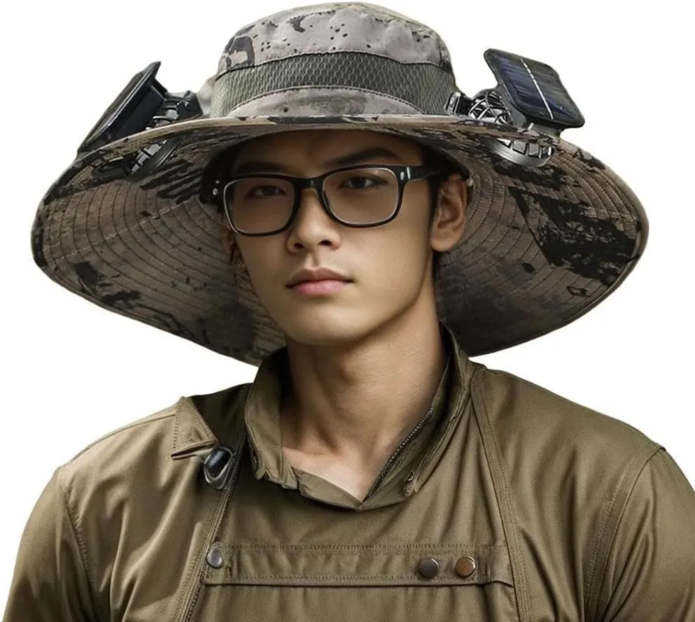 Outdoor Wide Brim Sun Hat with 2 Solar Fan Sun Bucket Hat for Men Women, UPF 50  Removable & USB Charging Fan