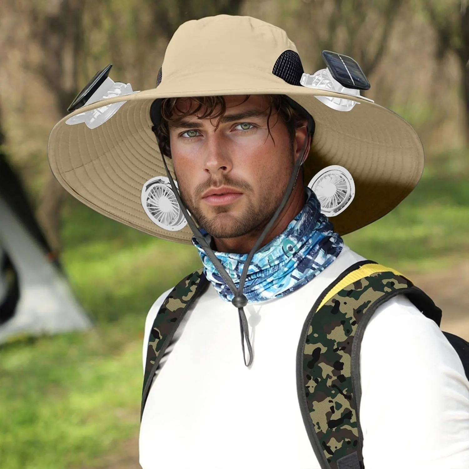 Outdoor Wide Brim Sun Hat with 3 Solar Fan for Men Women Summer UPF 50  Bucket Fishing & Beach Hat with Fans Built in