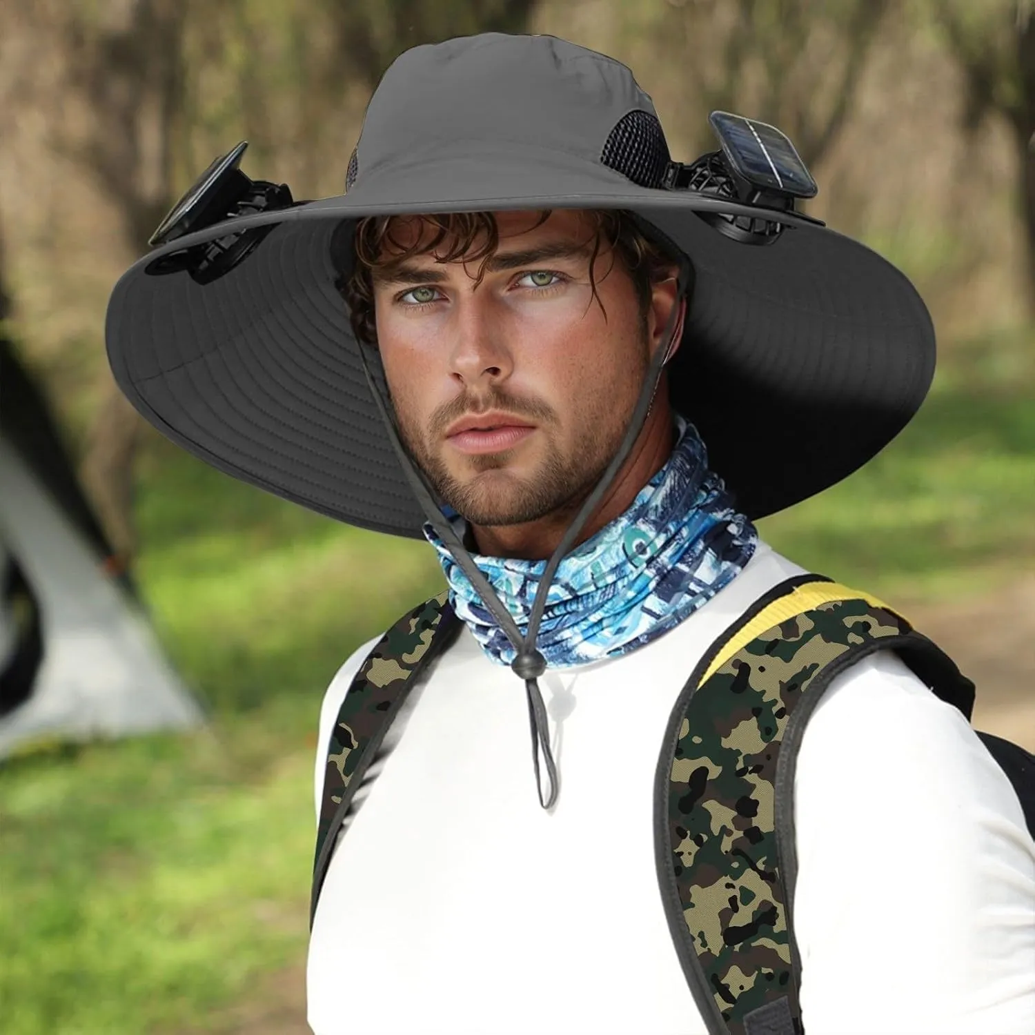 Outdoor Wide Brim Sun Hat with 4 Solar Fan Sun Bucket Hat for Men Women UPF 50  Bucket Fishing & Beach Hat with Fan Built in