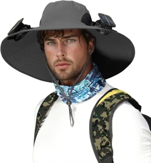 Outdoor Wide Brim Sun Hat with 4 Solar Fan Sun Bucket Hat for Men Women UPF 50  Bucket Fishing & Beach Hat with Fan Built in