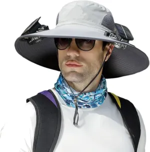 Outdoor Wide Brim Sun Hat with Solar Fan - Sun Bucket Hat for Men Women, UPF Bucket Fishing Hat Fan Built in