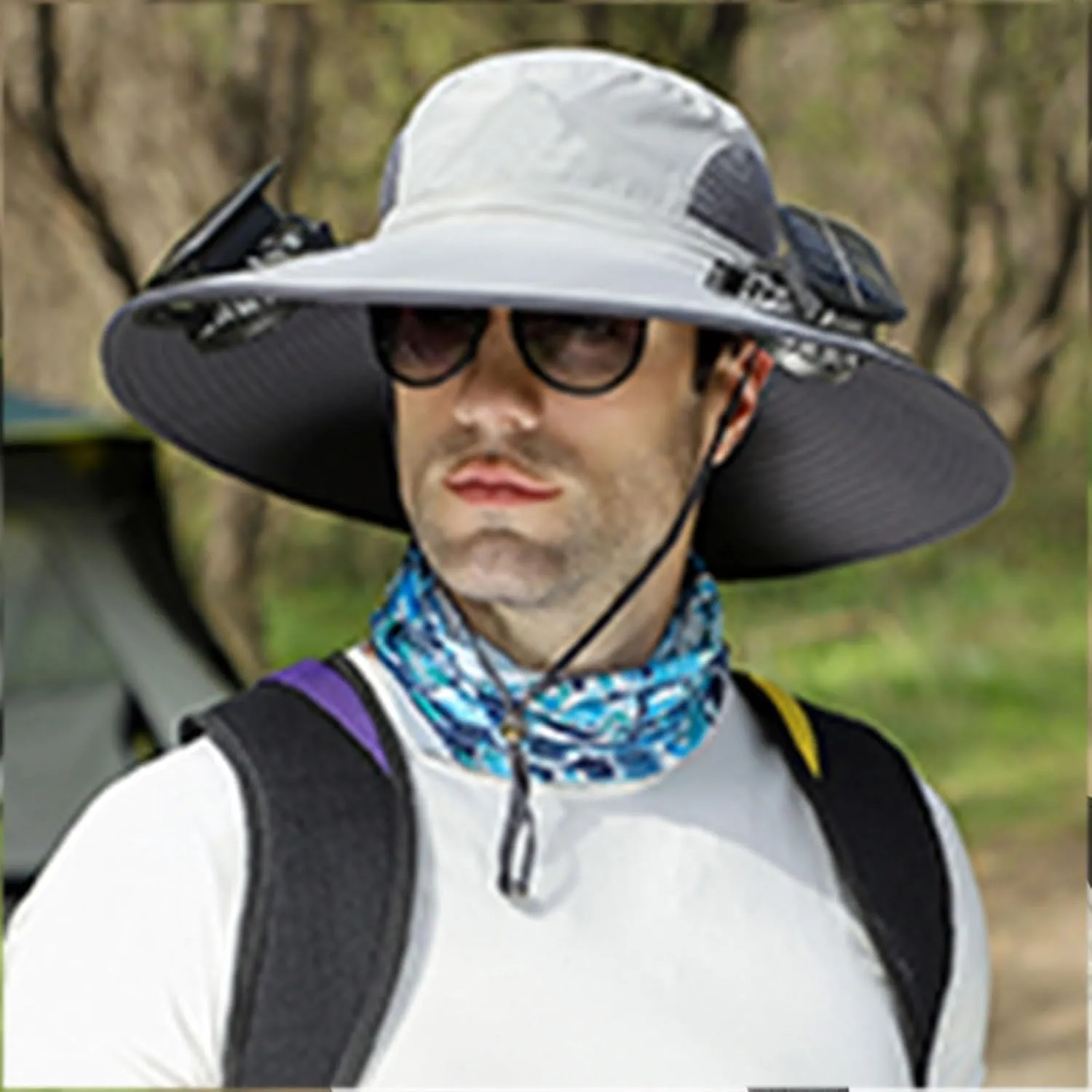 Outdoor Wide Brim Sun Hat with Solar Fan - Sun Bucket Hat for Men Women, UPF Bucket Fishing Hat Fan Built in