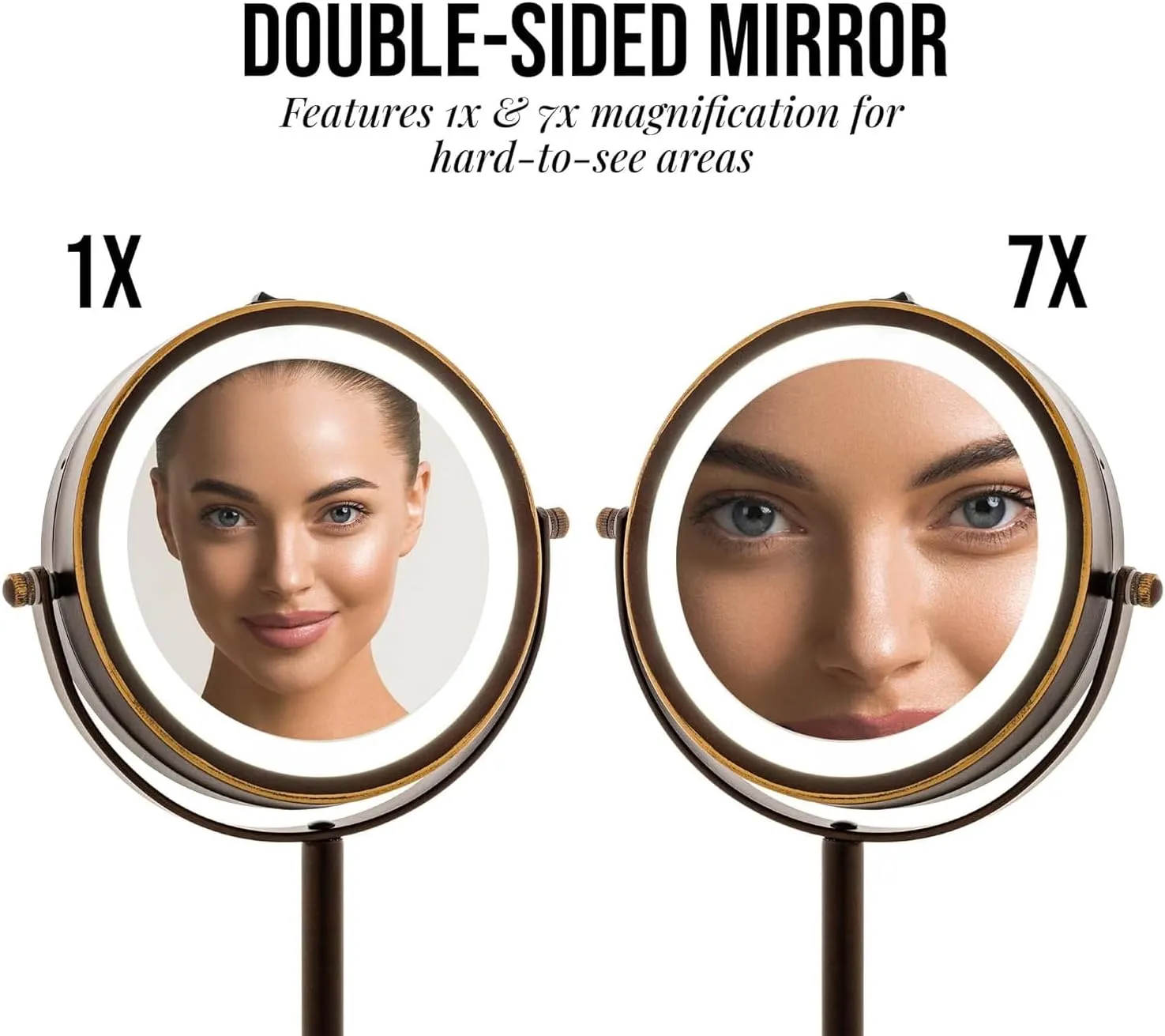 OVENTE 6" Lighted Makeup Mirror with 1X/7X Magnification, Cordless Tabletop Mount Vanity Round Mirror with 360° Swivel Design and Double Sided Cool Tone LED Ring Light, Antique Bronze MLT60ABZ1X7X