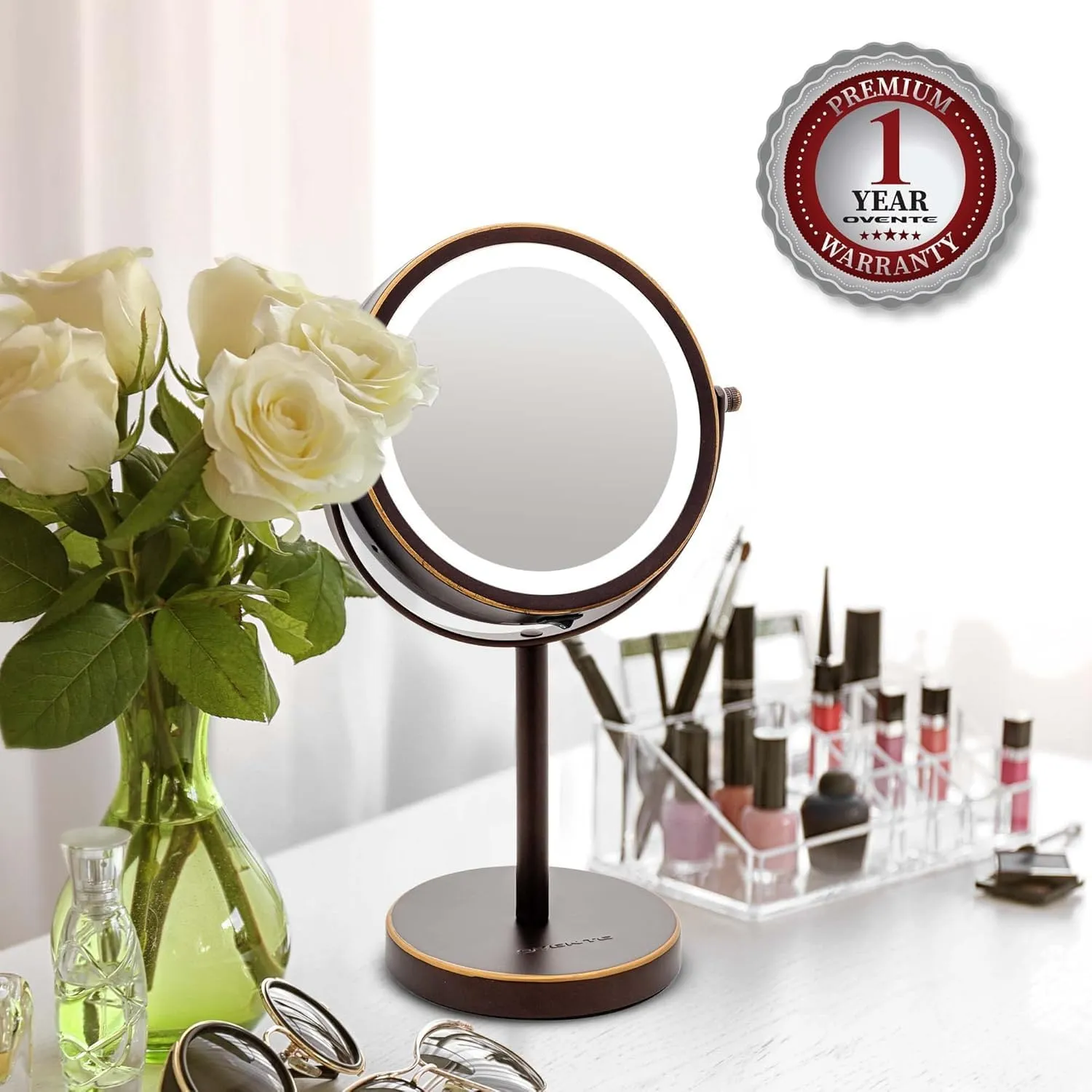OVENTE 6" Lighted Makeup Mirror with 1X/7X Magnification, Cordless Tabletop Mount Vanity Round Mirror with 360° Swivel Design and Double Sided Cool Tone LED Ring Light, Antique Bronze MLT60ABZ1X7X