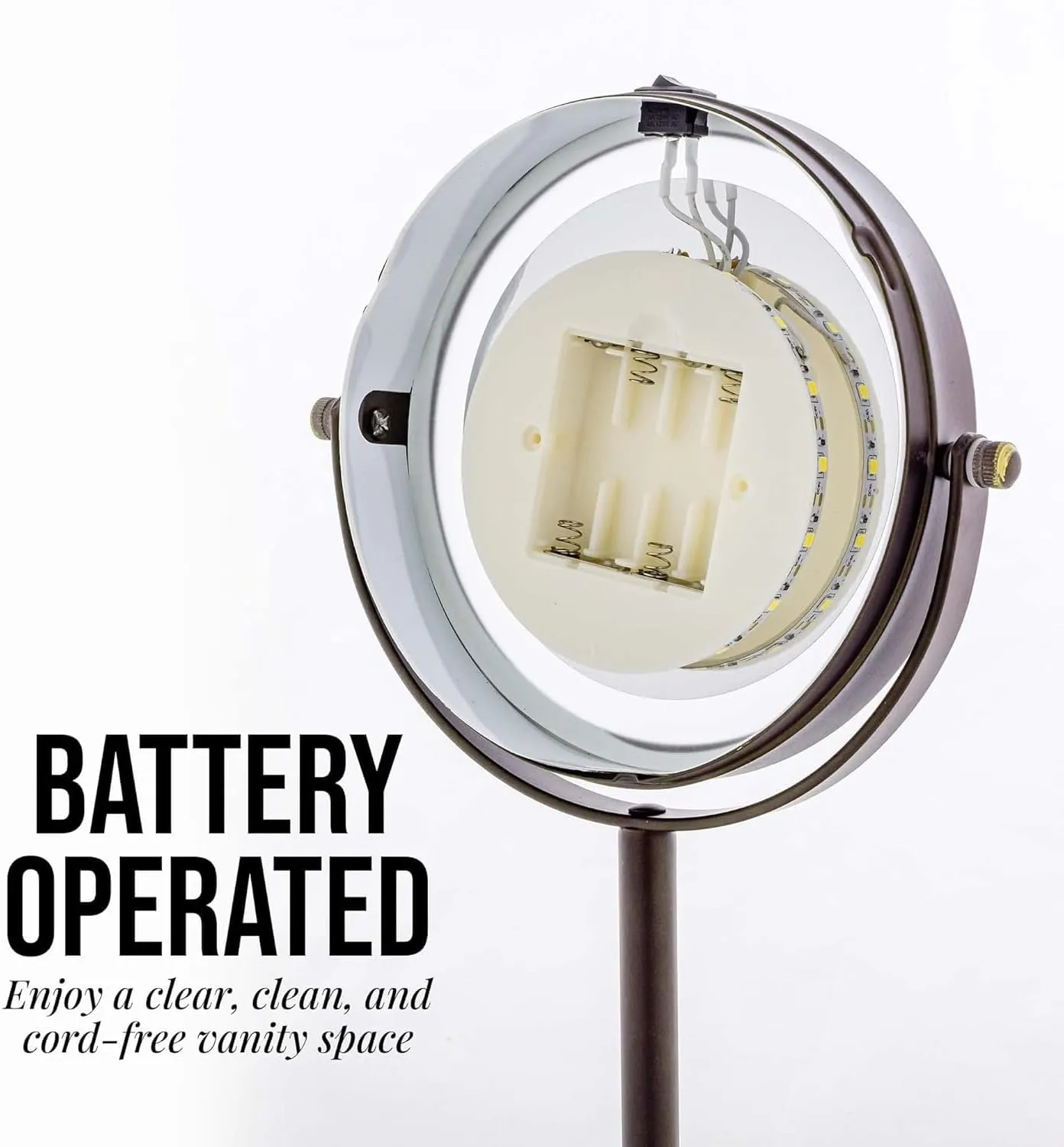 OVENTE 6" Lighted Makeup Mirror with 1X/7X Magnification, Cordless Tabletop Mount Vanity Round Mirror with 360° Swivel Design and Double Sided Cool Tone LED Ring Light, Antique Bronze MLT60ABZ1X7X