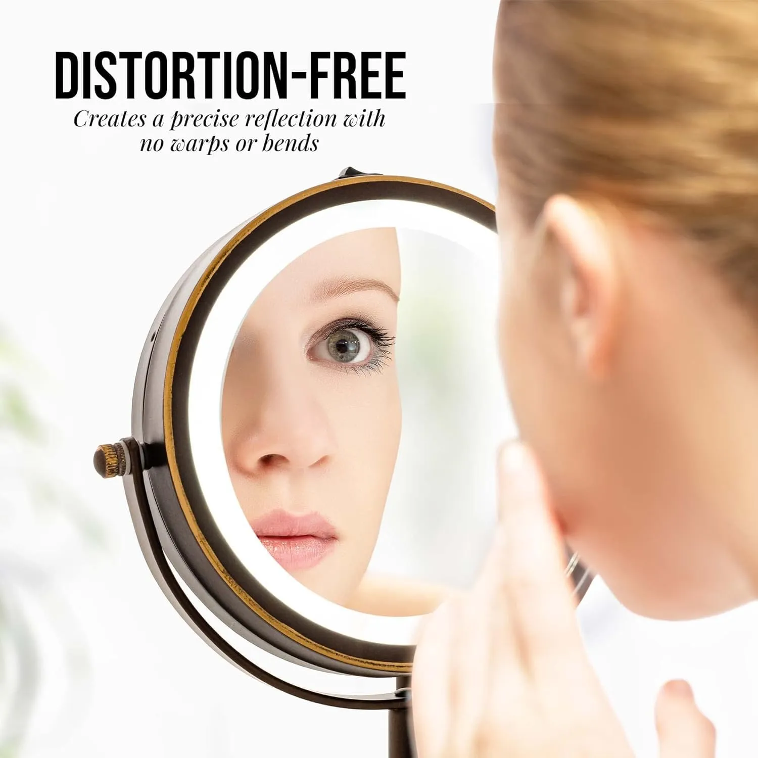 OVENTE 6" Lighted Makeup Mirror with 1X/7X Magnification, Cordless Tabletop Mount Vanity Round Mirror with 360° Swivel Design and Double Sided Cool Tone LED Ring Light, Antique Bronze MLT60ABZ1X7X