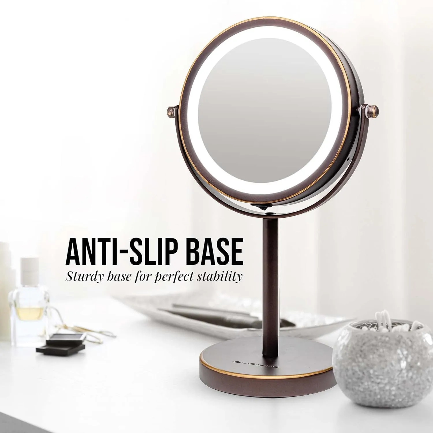 OVENTE 6" Lighted Makeup Mirror with 1X/7X Magnification, Cordless Tabletop Mount Vanity Round Mirror with 360° Swivel Design and Double Sided Cool Tone LED Ring Light, Antique Bronze MLT60ABZ1X7X