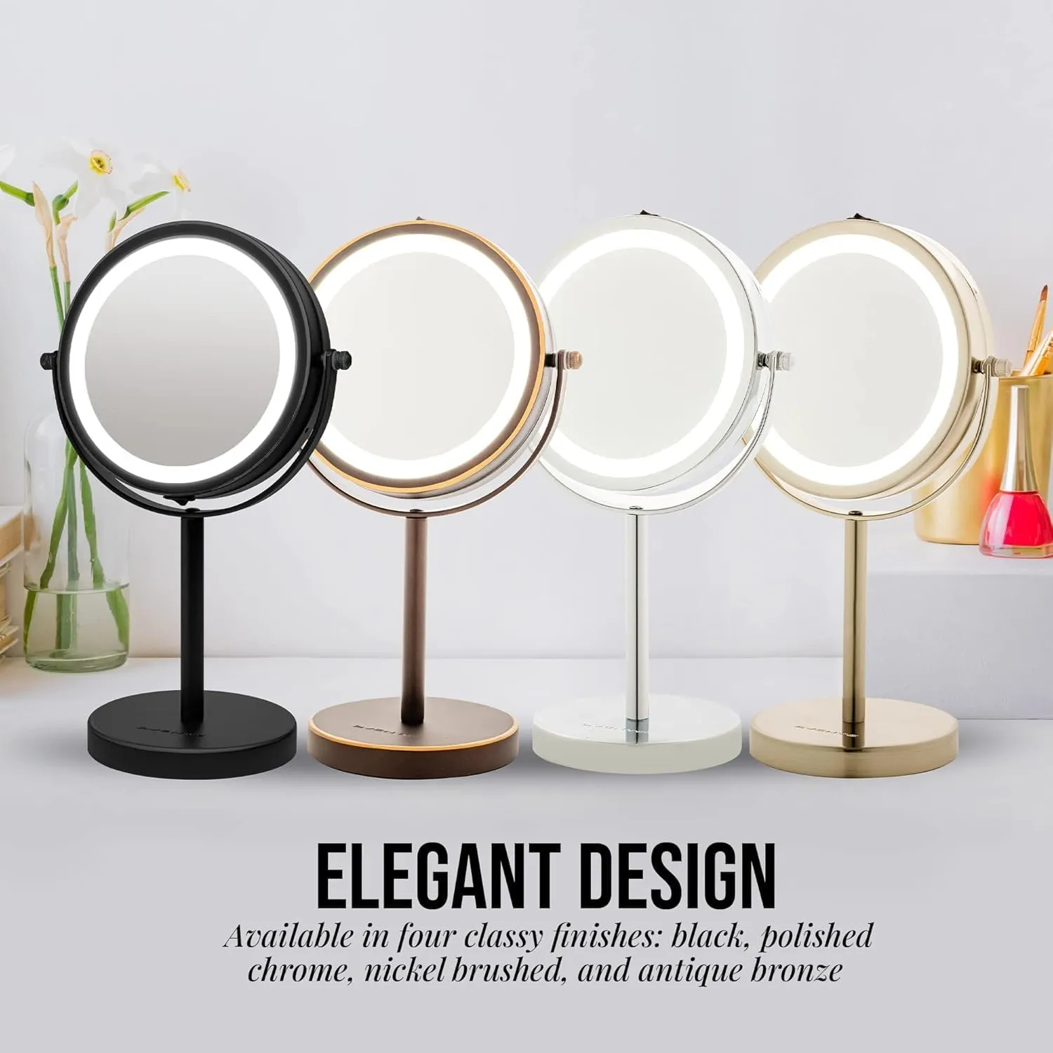 OVENTE 6" Lighted Makeup Mirror with 1X/7X Magnification, Cordless Tabletop Mount Vanity Round Mirror with 360° Swivel Design and Double Sided Cool Tone LED Ring Light, Antique Bronze MLT60ABZ1X7X