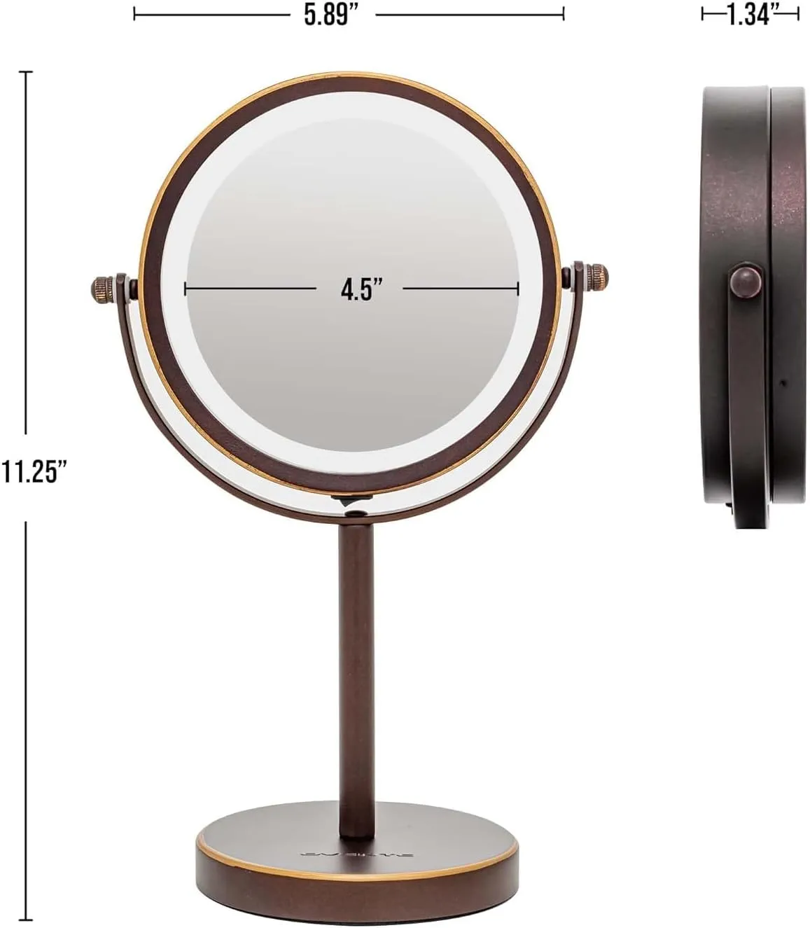 OVENTE 6" Lighted Makeup Mirror with 1X/7X Magnification, Cordless Tabletop Mount Vanity Round Mirror with 360° Swivel Design and Double Sided Cool Tone LED Ring Light, Antique Bronze MLT60ABZ1X7X