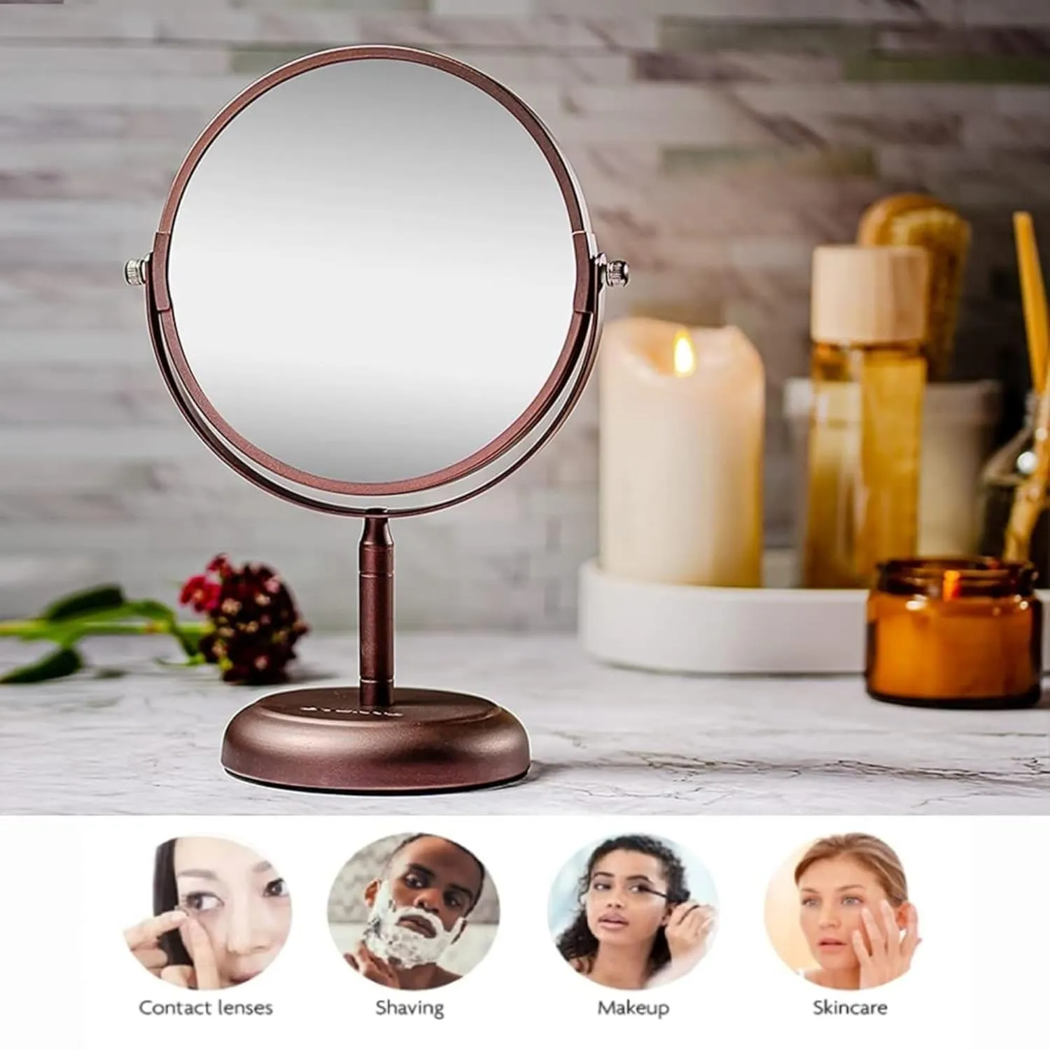 OVENTE 7'' Tabletop Makeup Mirror with 1X/5X Magnification, 360° Swivel Design and Double-Sided Free-Standing Vanity Mirror Perfect for Dresser, Bedroom and Office Desk, Antique Bronze MNLDT70ABZ1X5X