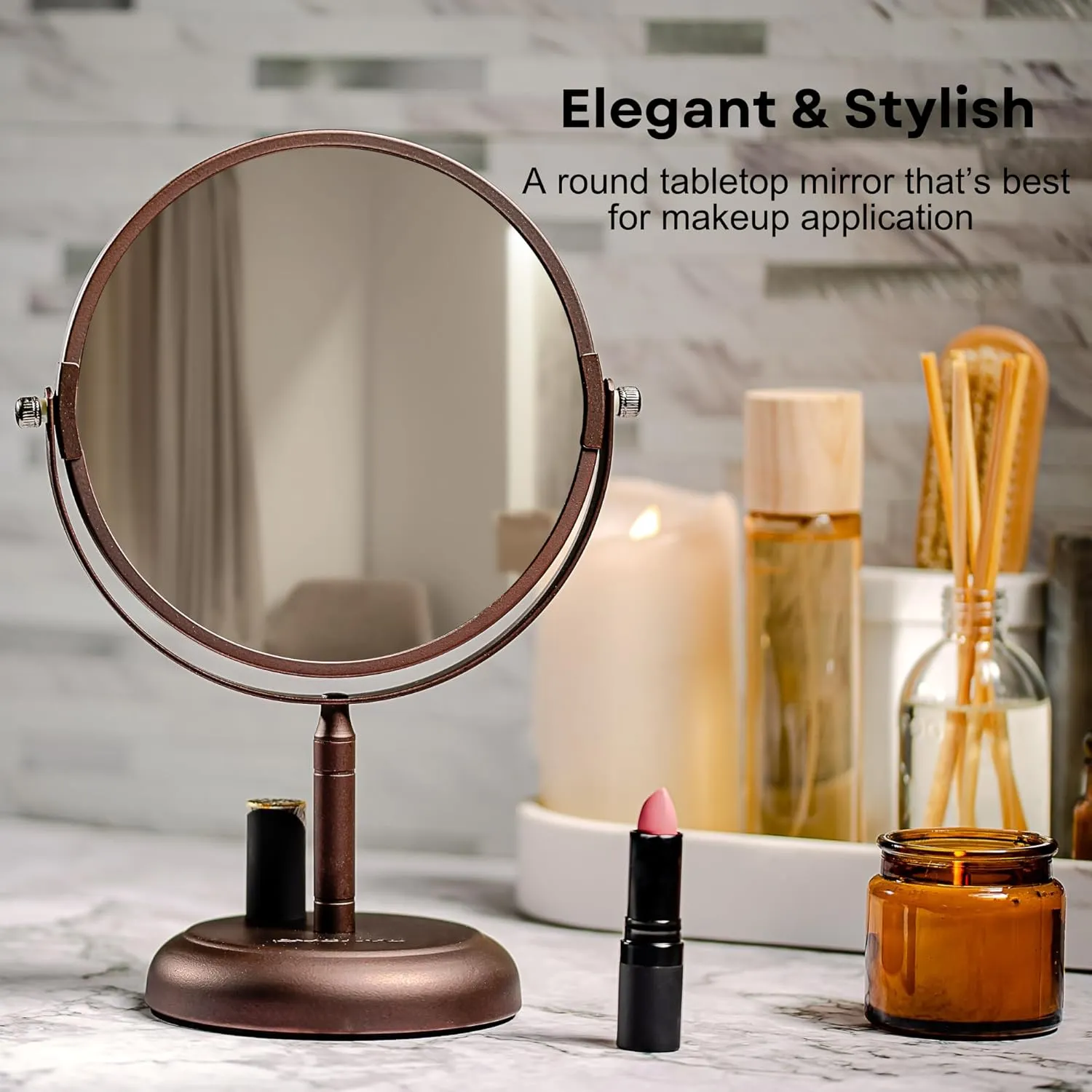 OVENTE 7'' Tabletop Makeup Mirror with 1X/5X Magnification, 360° Swivel Design and Double-Sided Free-Standing Vanity Mirror Perfect for Dresser, Bedroom and Office Desk, Antique Bronze MNLDT70ABZ1X5X