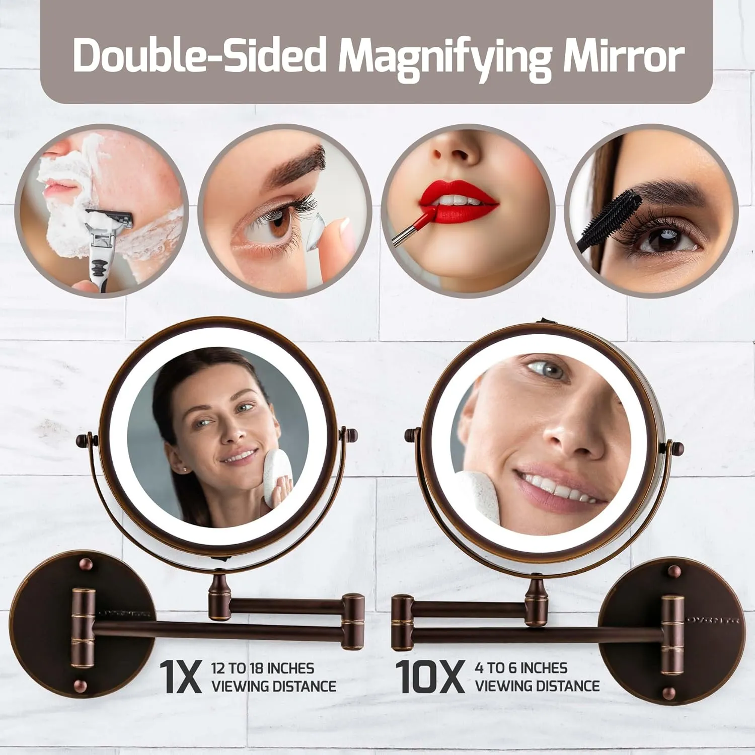 OVENTE 7" Lighted Wall Mount Makeup Mirror with 1X/10X Magnification, Cordless Double Sided Magnifying Round Vanity Mirror, 360° Swivel Design, Extendable and Folding Arm, Antique Bronze MFW70ABZ1X10X