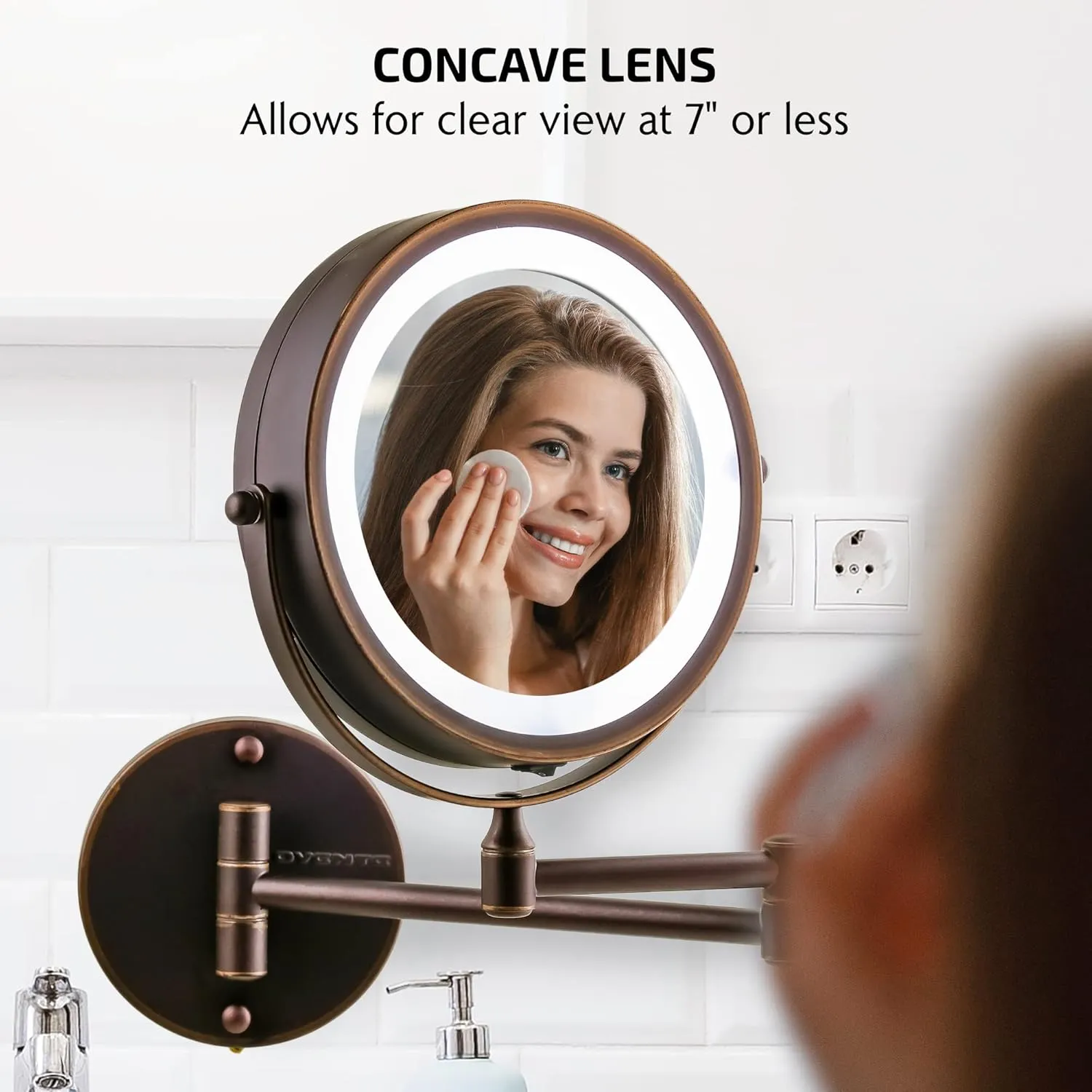 OVENTE 7" Lighted Wall Mount Makeup Mirror with 1X/10X Magnification, Cordless Double Sided Magnifying Round Vanity Mirror, 360° Swivel Design, Extendable and Folding Arm, Antique Bronze MFW70ABZ1X10X